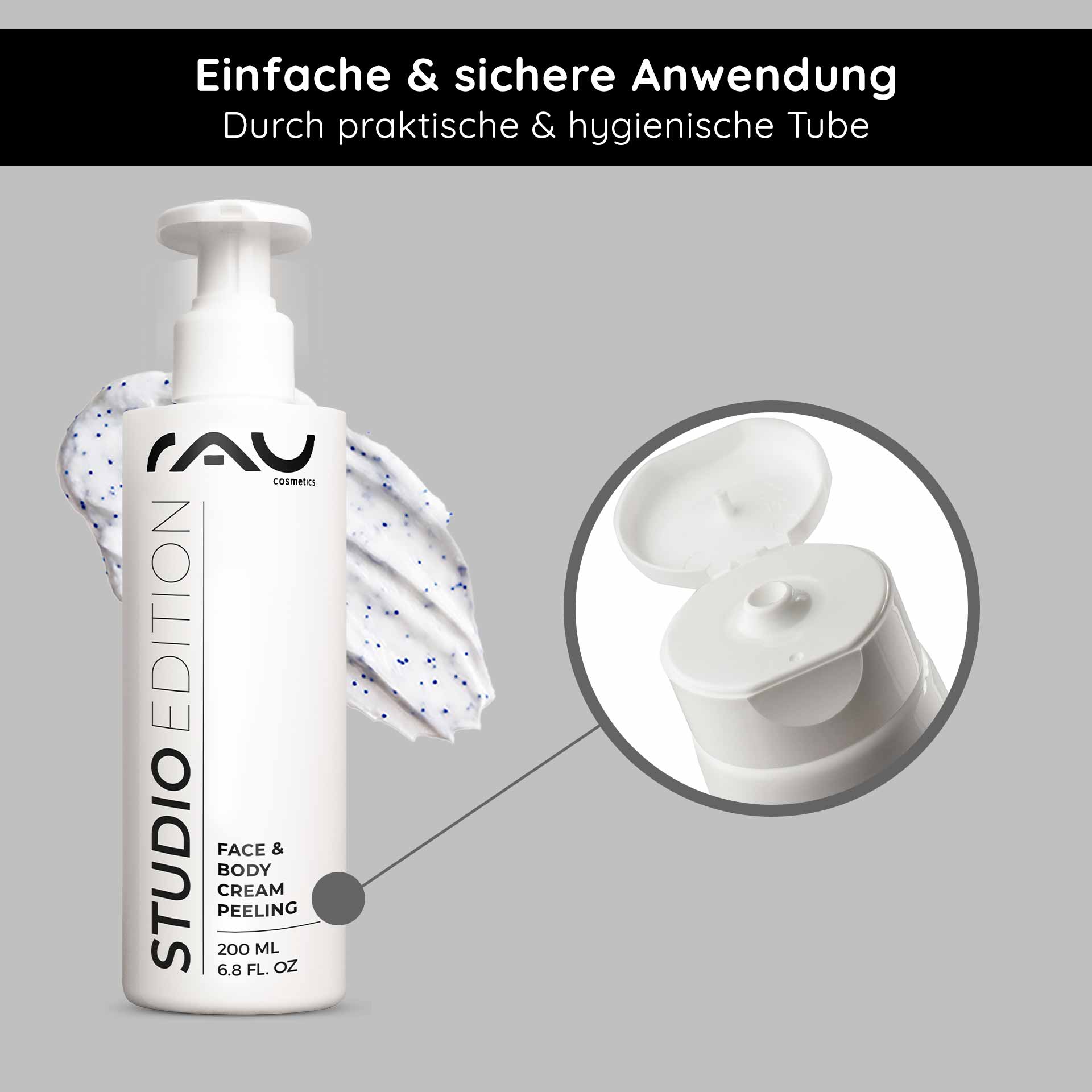 Face & Body Cream Peeling 200 ml Mechanisches Peeling RAU Cosmetics Studio Edition Face & Body Cream Peeling 200 ml Kabinenware – mechanisches Gesichts- und Körperpeeling mit natürlichen Schleifpartikeln, Lecithin, Mandelöl, Allantoin und Panthenol