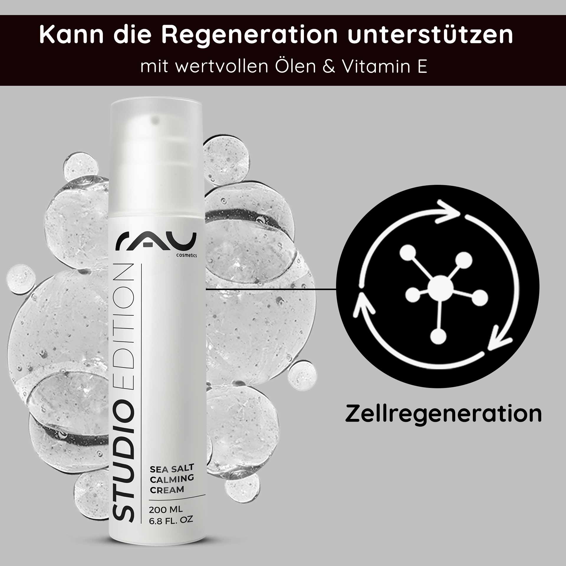Sea Salt Calming Cream 200 ml mit Meersalz und PHA RAU Cosmetics Sea Salt Calming Cream, 200-ml-Verpackung mit Blasen, die die Vorteile der Hautregeneration mit Ölen und Vitamin E hervorhebt.
