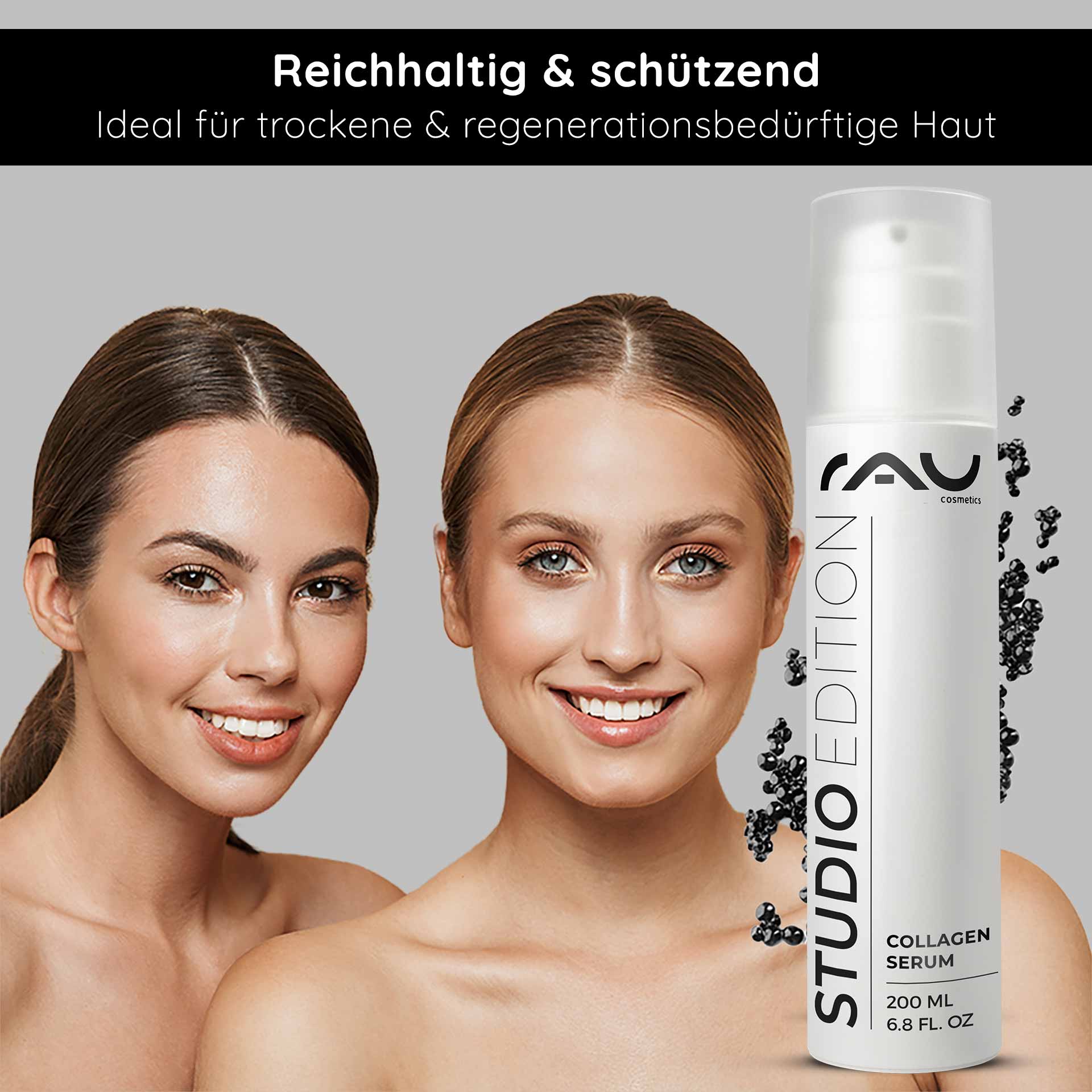 Caviar 24h Cream 200 ml Hautpflege mit Caviar Extrakt Zwei Frauen mit strahlenden Gesichtern, die gesunde Haut zeigen, neben einer Flasche RAU Cosmetics Collagen Serum, betont die Vorteile für trockene und regenerationsbedürftige Haut.