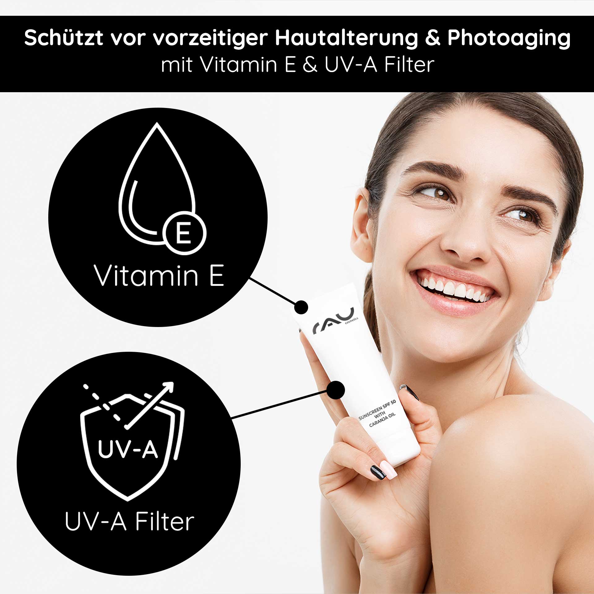 Sunscreen SPF 50 with Bio-Karanja Öl 75 ml - Sonnenschutz Sonnenschutzprodukt mit Lichtschutzfaktor 50, Vitamin E und UV-A-Filter, gehalten von einer lächelnden Frau, die die Vorteile der Anti-Aging-Hautpflege demonstriert.