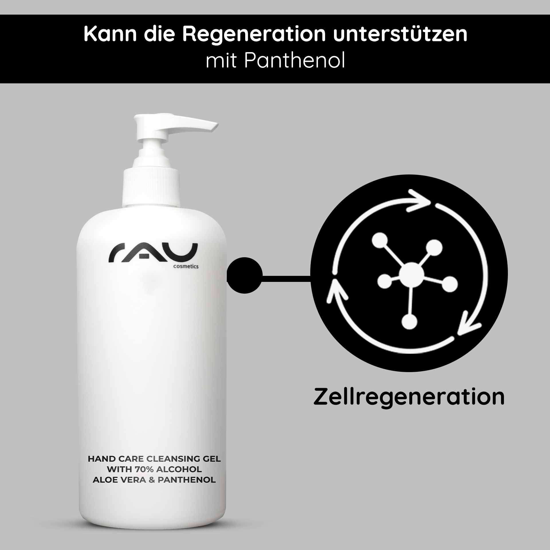 Hand Care Cleansing Gel 500 ml Desinfektion & Pflege Flasche mit Pumpe des Hand Care Cleansing Gels von RAU Cosmetics mit 70 % Alkohol, Aloe Vera und Panthenol, das die Vorteile der Hautregeneration betont.