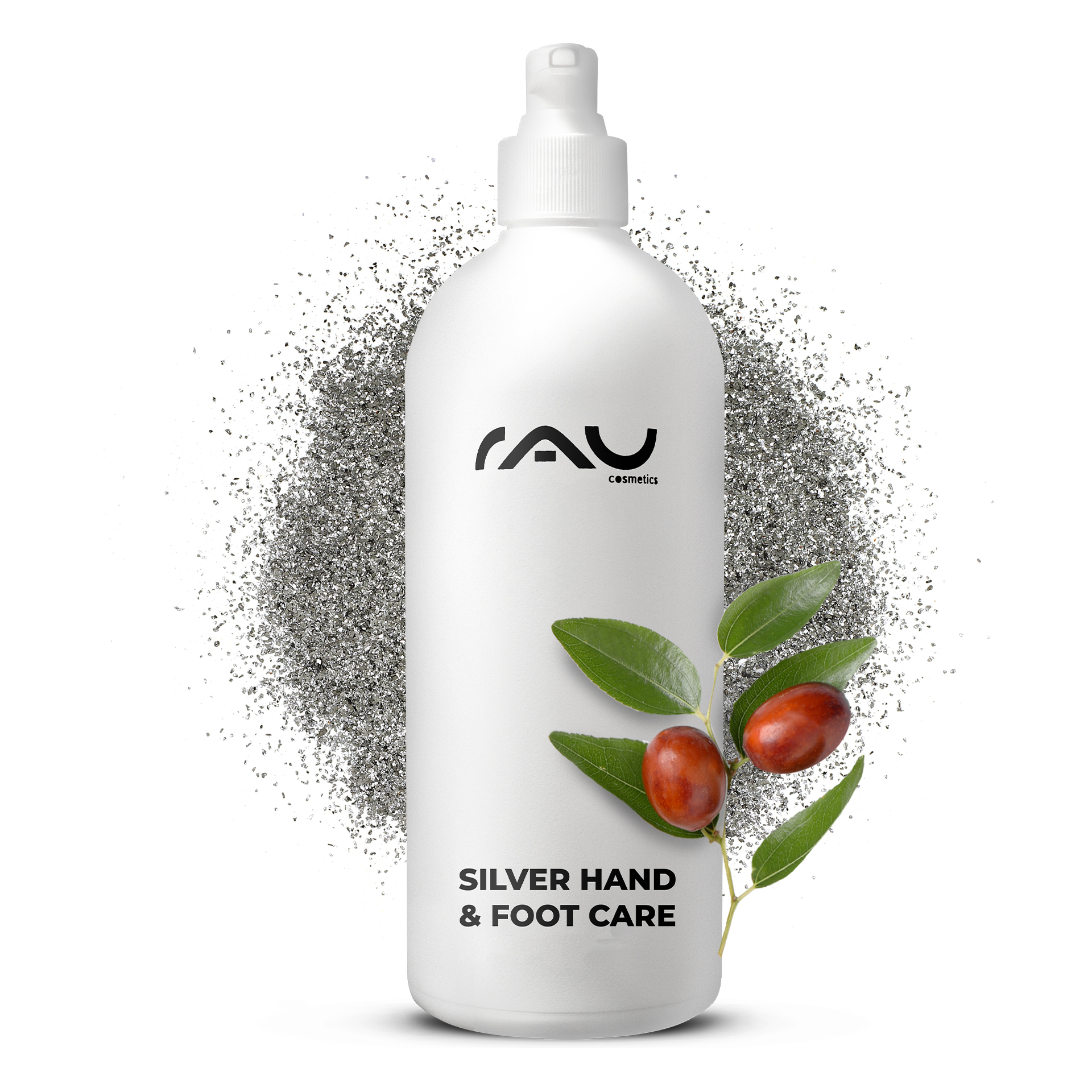 Silver Hand & Foot Care 500 ml für Hand- & Fußcreme Flasche der RAU Silver Hand & Foot Care mit Sprühkopf, umgeben von Silberpartikeln und Jojobablättern, betont die pflegenden Eigenschaften für Hände und Füße.