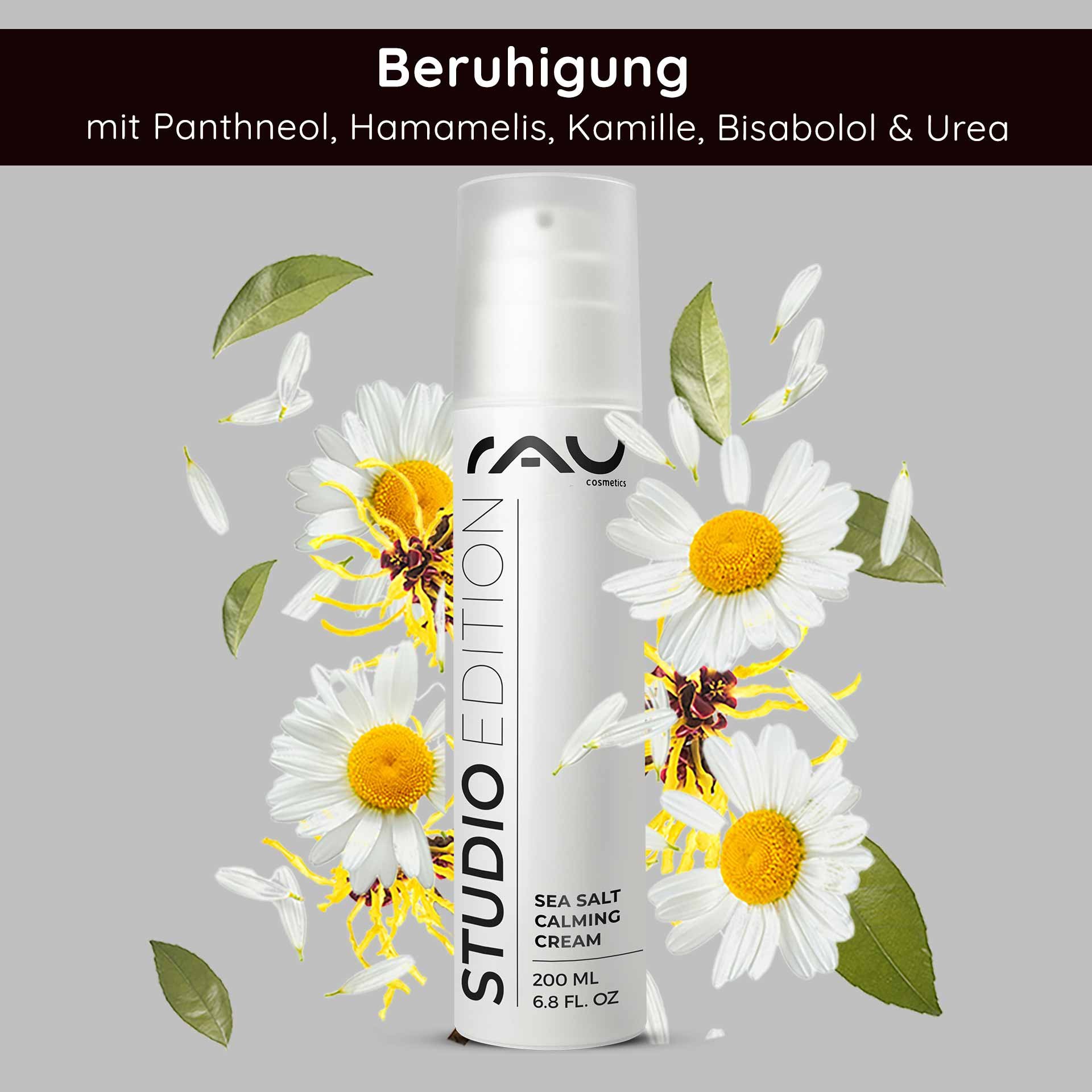 RAU Cosmetics Sea Salt Calming Cream 200 ml mit beruhigenden Inhaltsstoffen wie Panthenol, Hamamelis und Kamille, umgeben von floralen Elementen, die ihre Vorteile für trockene und empfindliche Haut hervorheben.