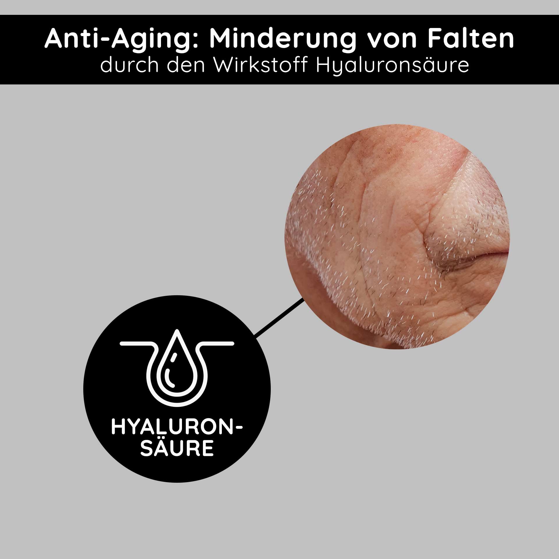 Hyaluron für Männer: Nahaufnahme der Haut zeigt die aufpolsternde Wirkung zur Reduzierung von ersten Fältchen.