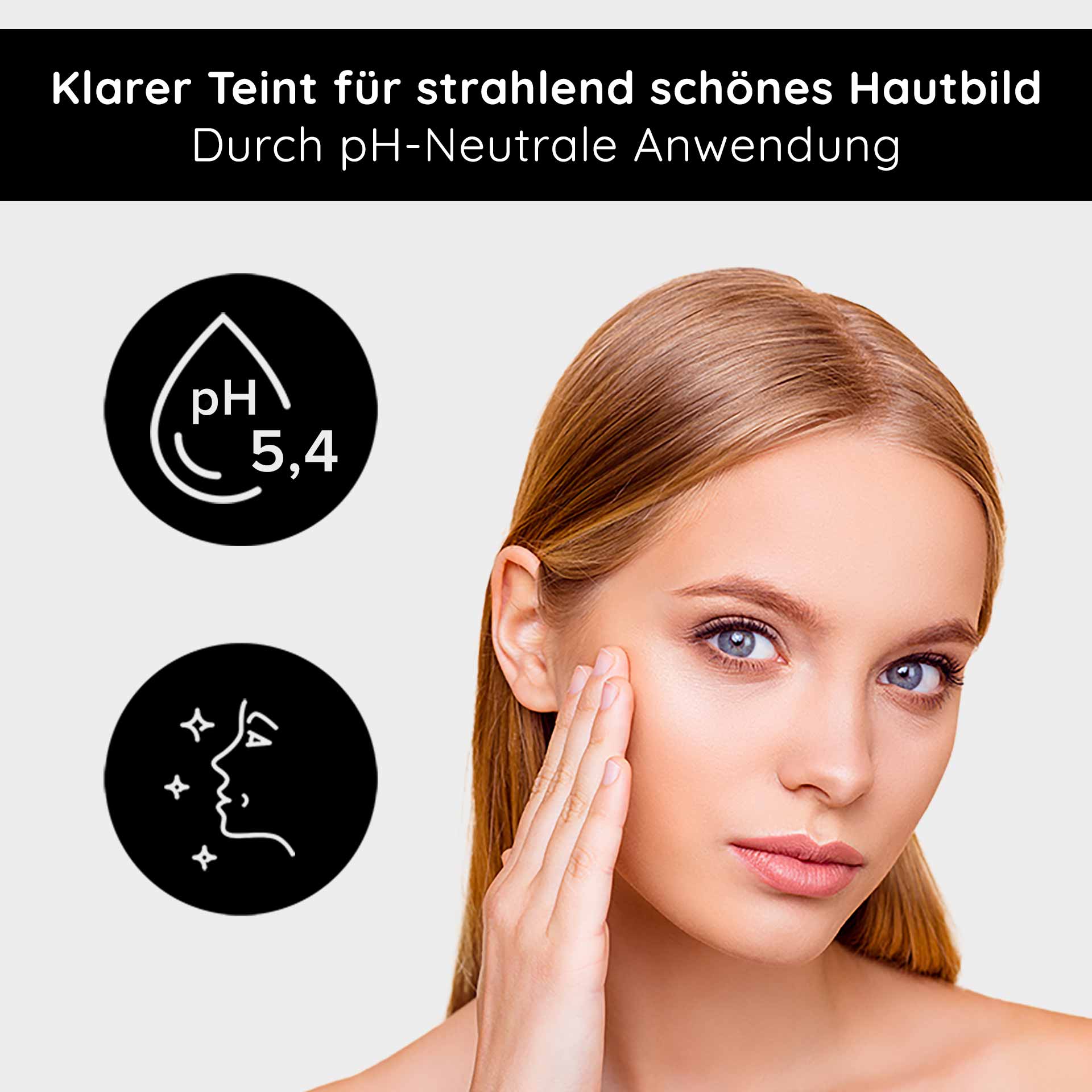Beyond Herbal Tonic 1000 ml Gesichtswasser Natur Frau mit glattem Teint, die Gesichtspflege anwendet, mit Symbolen für pH-Wert 5,4 und strahlendes Hautbild, passend zu RAU Cosmetics Beyond Herbal Tonic für empfindliche Haut.