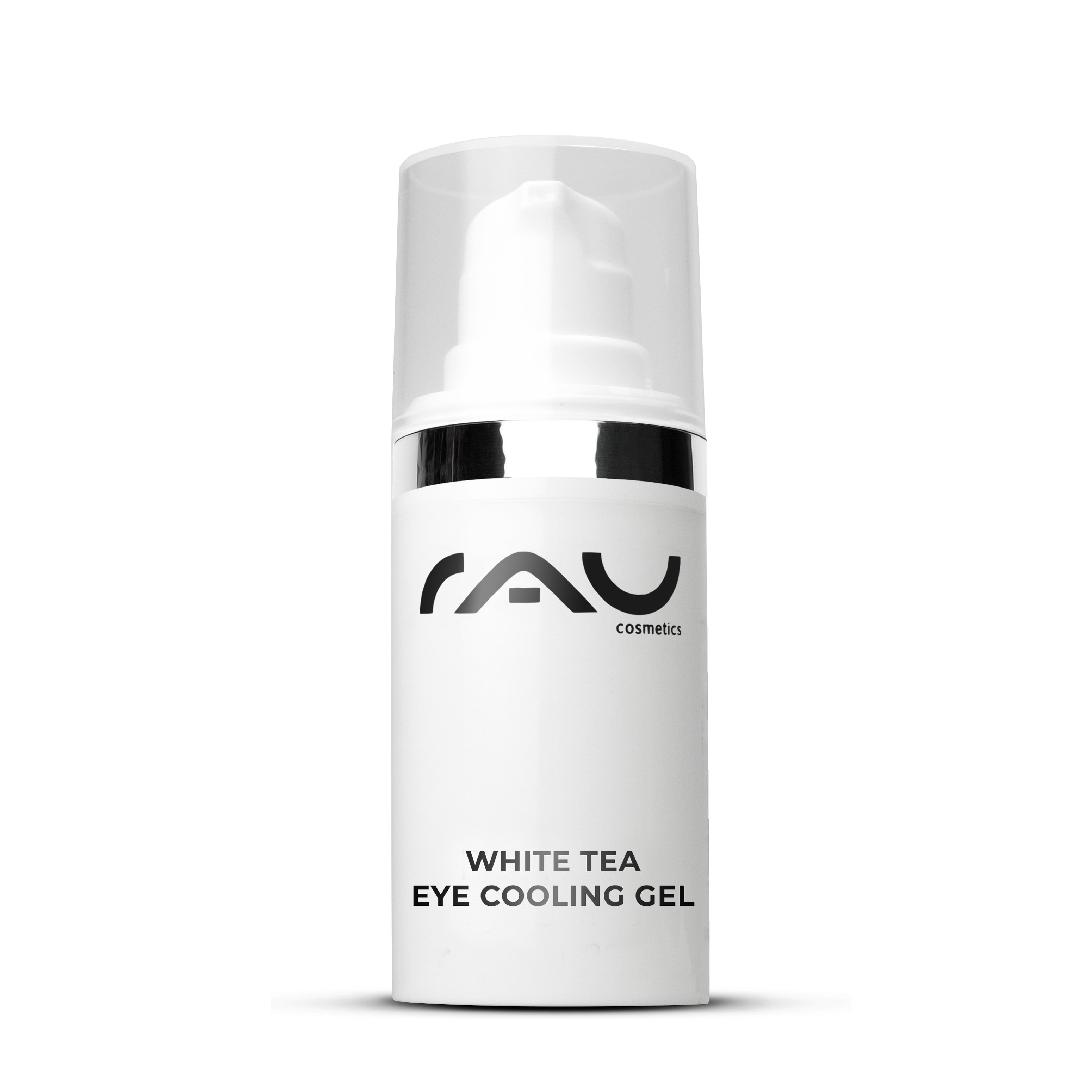 RAU Cosmetics White Tea Eye Cooling Gel 15 ml, Anti-Aging-Augencreme zur Reduzierung von Augenringen und Schwellungen, in einer eleganten weißen Flasche mit Pumpspender.