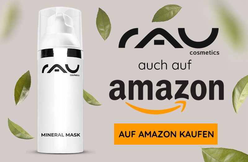 Mineralmaske von RAU Cosmetics in eleganter Verpackung mit Amazon Branding und natürlichen Blättern.