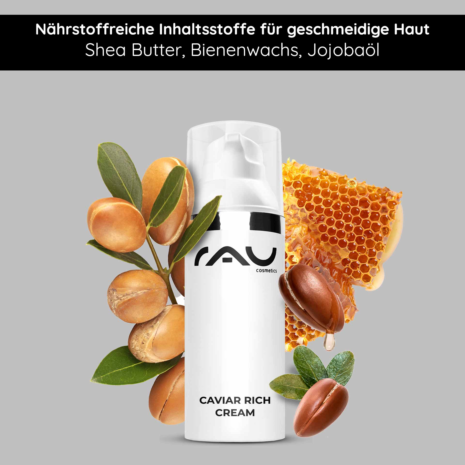 Caviar Rich Cream 50 ml Reichhaltige Anti Aging Creme Caviar Rich Cream von RAU Cosmetics mit pflegenden Inhaltsstoffen wie Sheabutter, Bienenwachs und Jojobaöl für glatte und hydratisierte Haut.