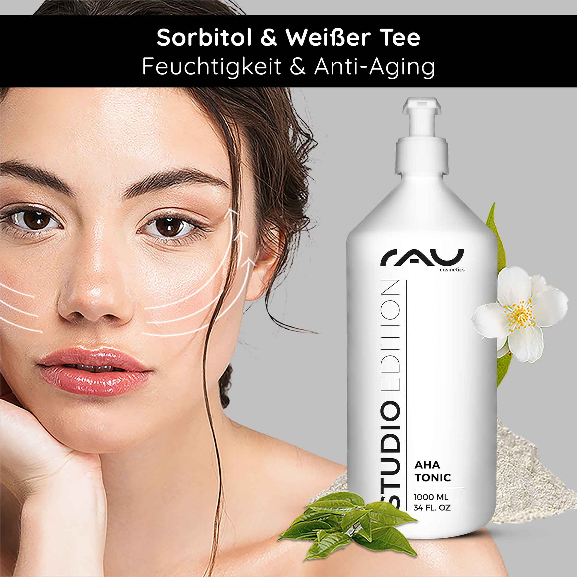 AHA Gesichtswasser: Anti-Aging mit Fruchtsäure & weißem Tee AHA Tonic 1000-ml-Flasche von RAU Cosmetics mit floralen Akzenten, mit einem Modell, das die Vorteile der Hautpflege demonstriert und Feuchtigkeit und Anti-Aging-Eigenschaften hervorhebt.