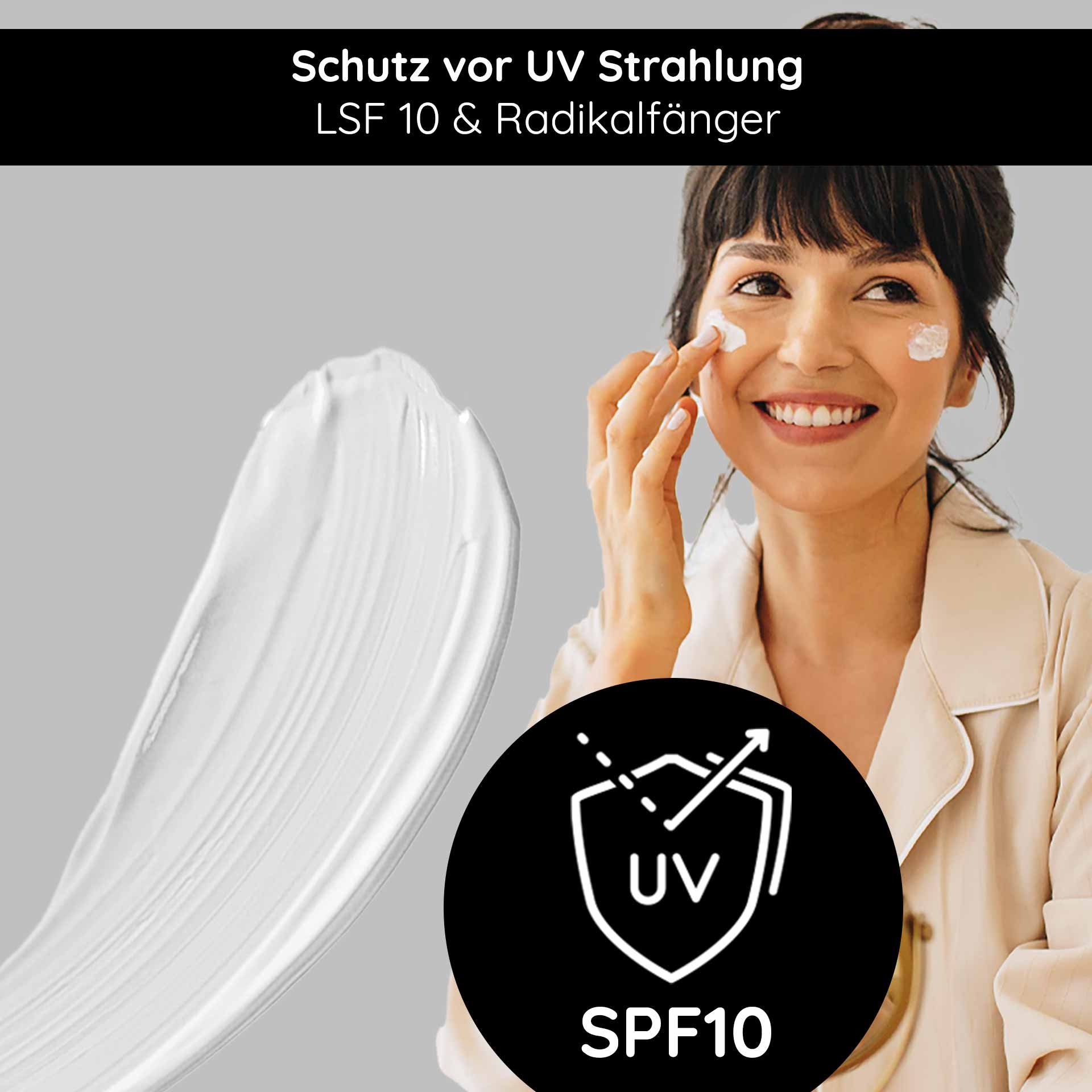 Anwendung der Hyaluron Cream SPF 10: Eine lächelnde Frau trägt die schützende Tagescreme auf, die vor UV-Strahlung schützt und ideal für trockene Haut geeignet ist.