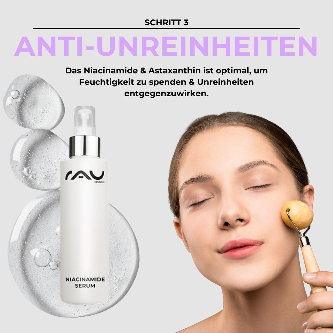 Frau mit geschlossenen Augen, die Niacinamid-Serum von RAU Cosmetics auf ihr Gesicht aufträgt, um Feuchtigkeit zu spenden und Unreinheiten entgegenzuwirken, umgeben von Wassertröpfchen.