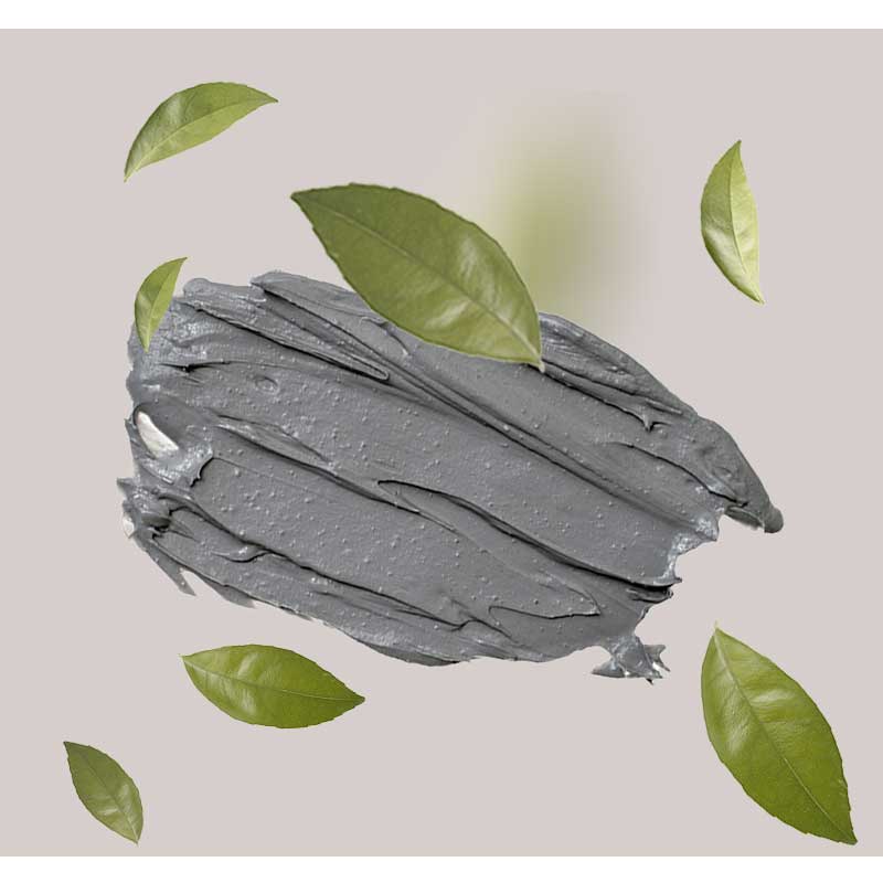 meerschlamm Graue Meeresmudmaske mit frischen grünen Blättern, symbolisierend die feuchtigkeitsspendenden und regenerierenden Eigenschaften des Caviar Pore Minimizer Serums für großporige Haut.