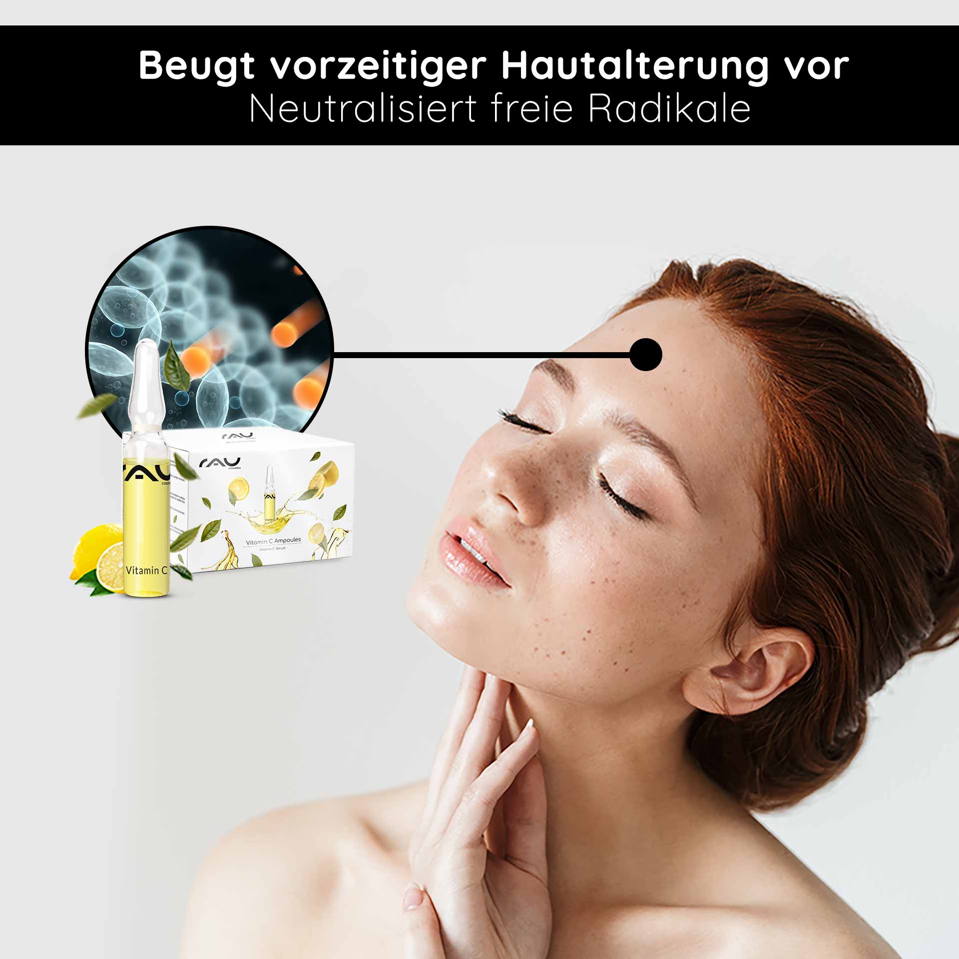 Vitamin C Ampoules 14x2 ml for mature & blemished skin Vitamin C ampulle von RAU Cosmetics mit Zitrusfrüchten, Frau mit strahlender Haut und geschlossenen Augen, betont Anti-Aging-Effekte und Schutz vor freien Radikalen.