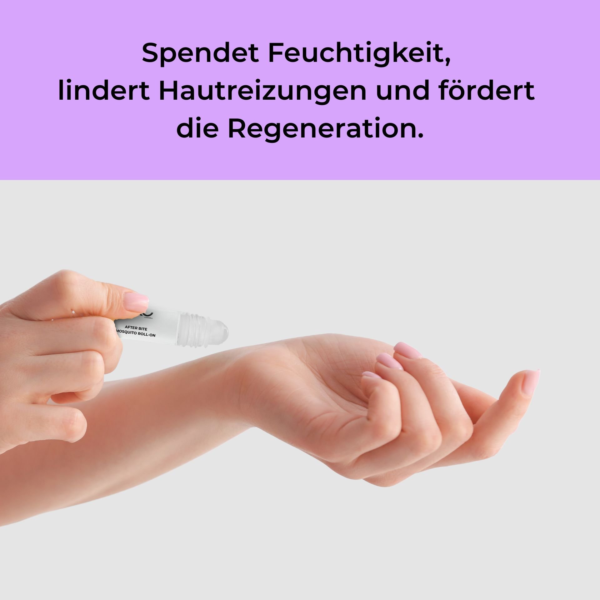 After Bite Mosquito Roll-On zur Anwendung auf der Haut, spendet Feuchtigkeit, lindert Hautirritationen und fördert die Regeneration.