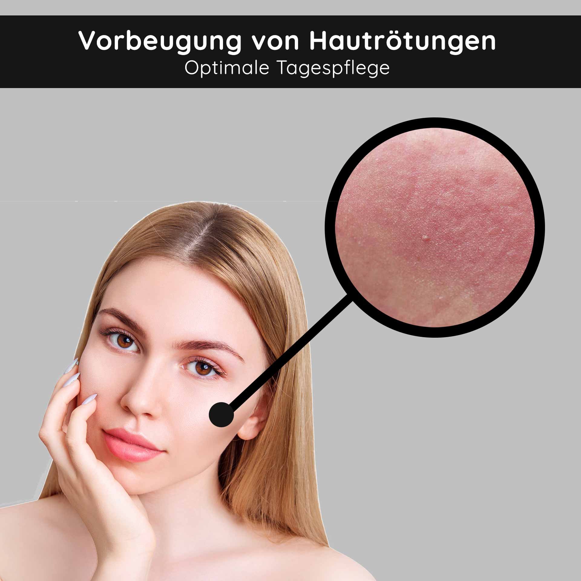 Woman with smooth skin and emphasized area for preventing skin redness, optimal day care for mature and impure skin.