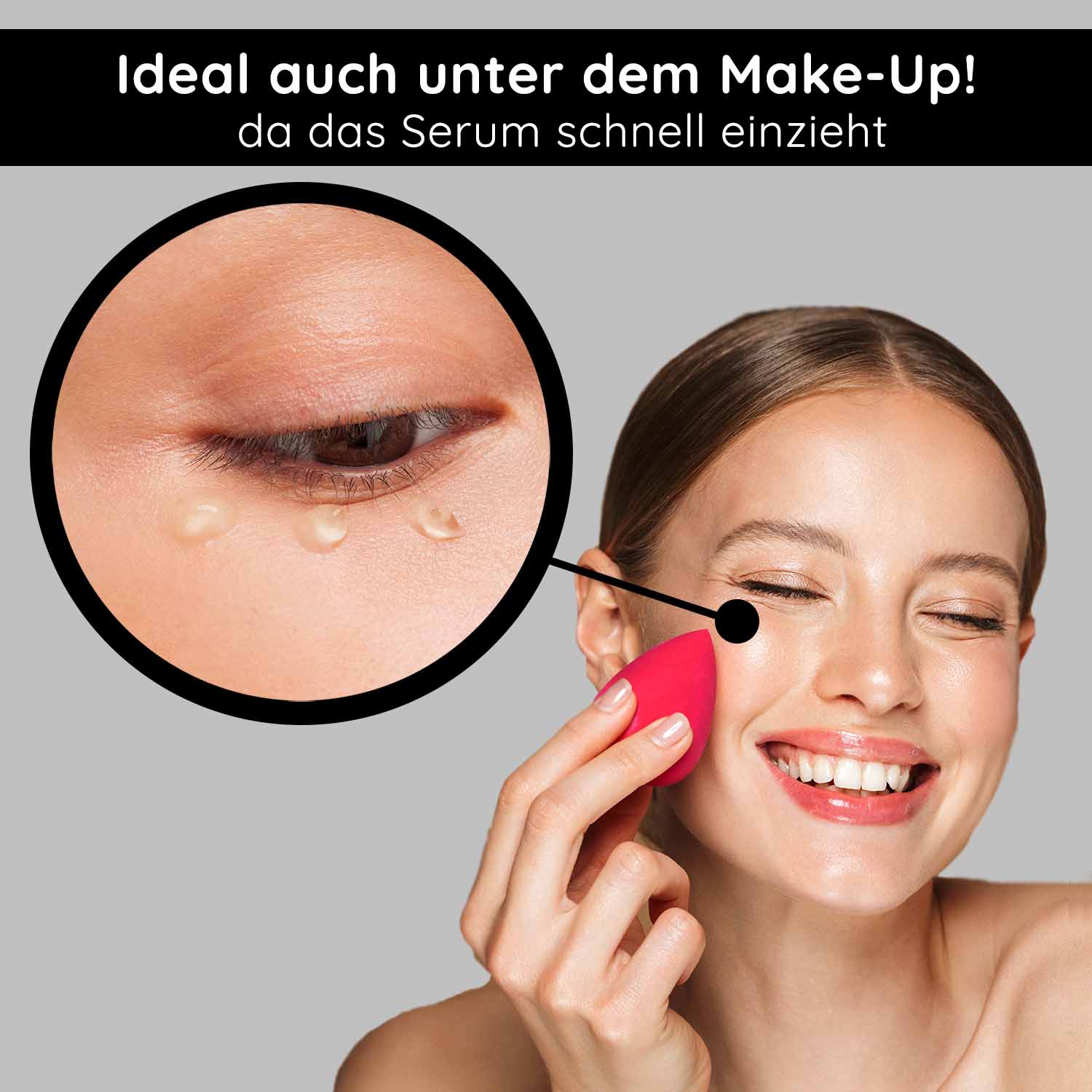 Hyaluron Ultimative Lifting 50 ml Hyaluron Lifting Gel für trockene Haut Frau mit Make-up-Schwamm, der Hyaluron-Serum auf das Gesicht aufträgt, ideal für schnelle Absorption unter Make-up, betont die Hautpflege für trockene Haut.