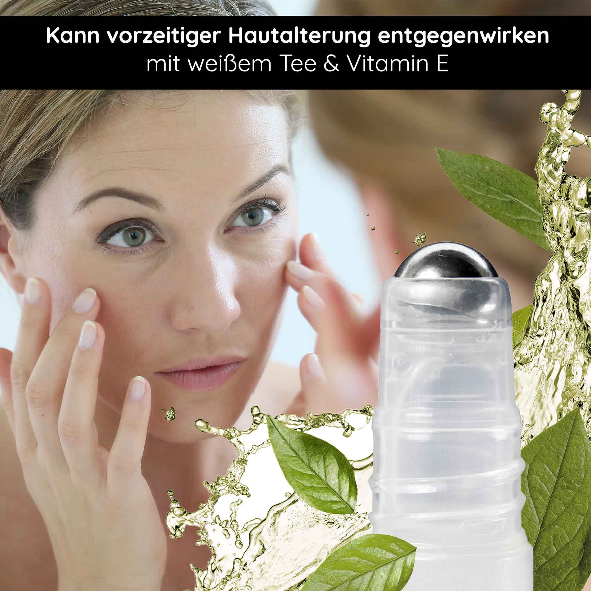 Frau mit Roll-On-Applikator, der White Tea Express Lift Serum auf die Haut aufträgt, um vorzeitiger Hautalterung entgegenzuwirken, umgeben von grünen Blättern und Flüssigkeitselementen.
