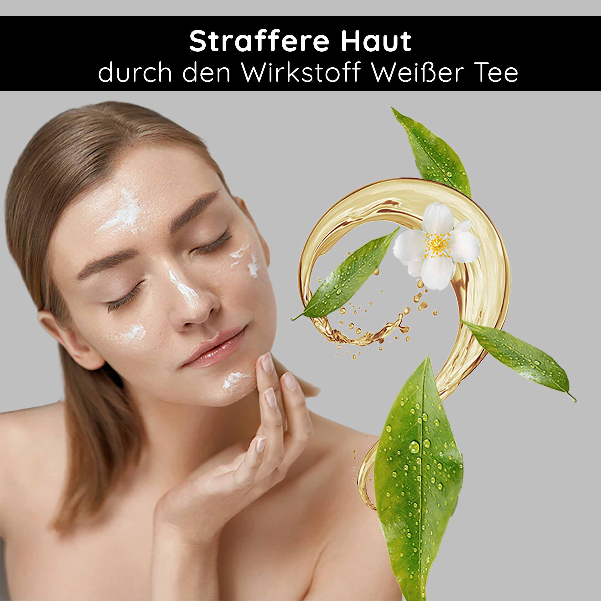 White Tea Cream 50 ml  Anti Aging 24h Creme für trockene und unreine Haut Frau mit Creme auf dem Gesicht, umgeben von weißen Teeblättern und Blüten, betont die Hautstraffung durch die Wirkung von weißem Tee, passend zur RAU Cosmetics White Tea Cream.