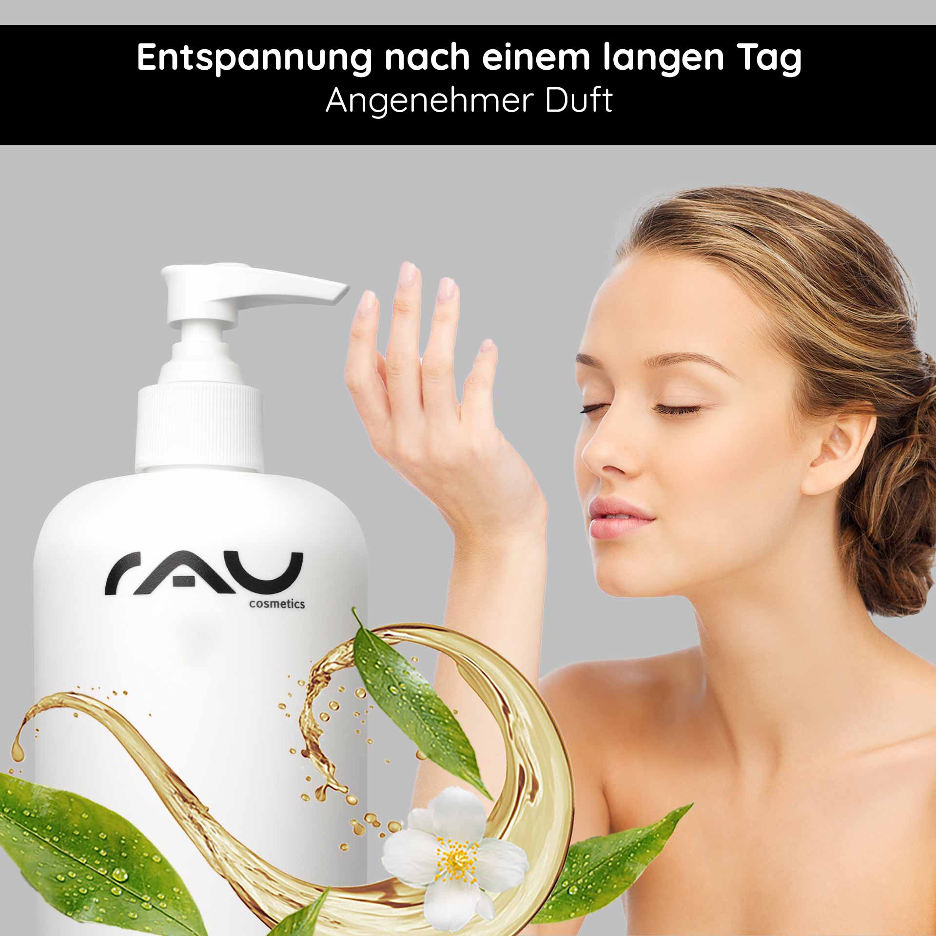 White Tea & Sugar Beet Shower Gel 500 ml Shower Gel Flasche des Duschgels „White Tea & Sugar Beet“ von RAU Cosmetics mit einer Frau, die den angenehmen Duft mit natürlichen Inhaltsstoffen und einer entspannenden Atmosphäre genießt.