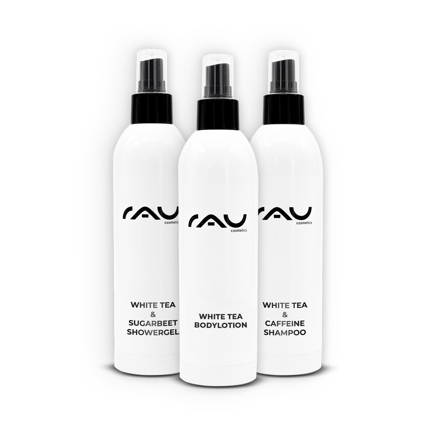 Body Bundle 3 - White Tea Showergel & Bodylotion & Shampoo Drei Flaschen von RAU Cosmetics mit White Tea & Sugar Beet Showergel, White Tea Bodylotion und White Tea & Caffeine Shampoo, präsentiert als Teil des „White Tea Love“ Bundles für luxuriöse Haut- und Haarpflege.