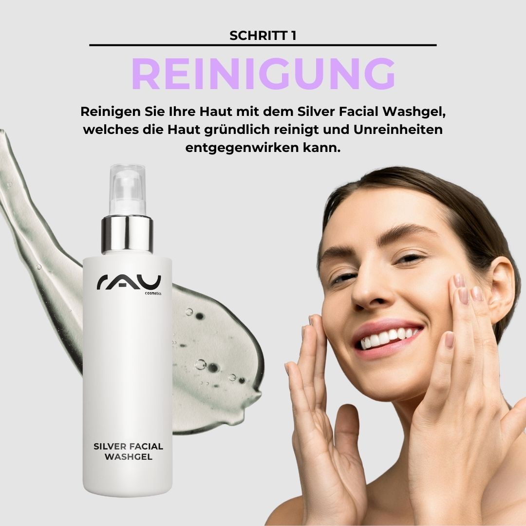 Basic care routine for impure dry skin Frau mit strahlendem Lächeln, die das RAU Silver Facial Washgel auf ihrer Haut anwendet, um Unreinheiten zu bekämpfen und die Haut gründlich zu reinigen, umgeben von einem sanften, schäumenden Gel.