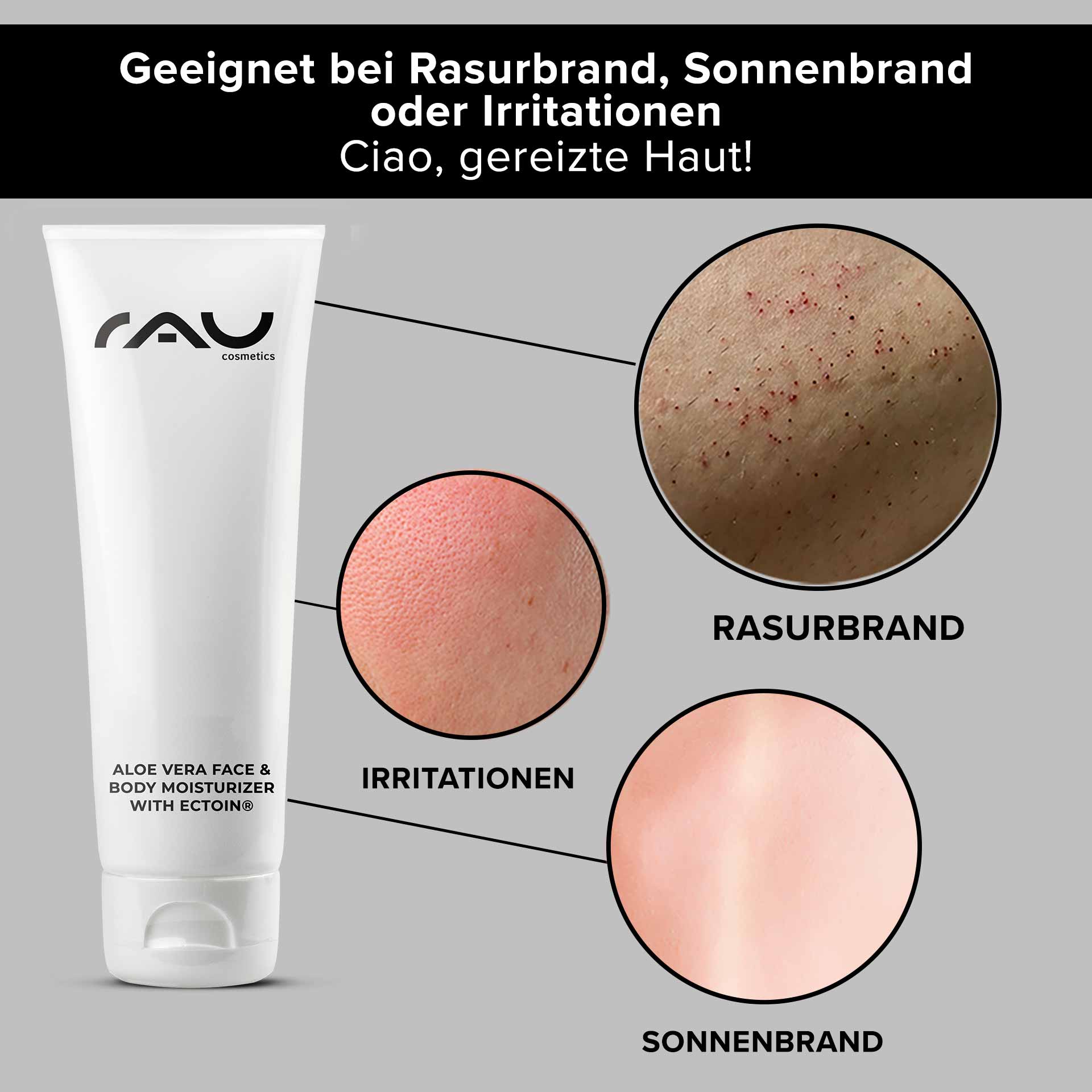 Aloe Vera Face & Body Moisturizer with Ectoin® 75 ml RAU Cosmetics Aloe Vera Face Moisturizer Gel – 75 ml Tube mit beruhigendem Aloe Vera und Ectoin® für sanfte Feuchtigkeitspflege bei empfindlicher Haut.