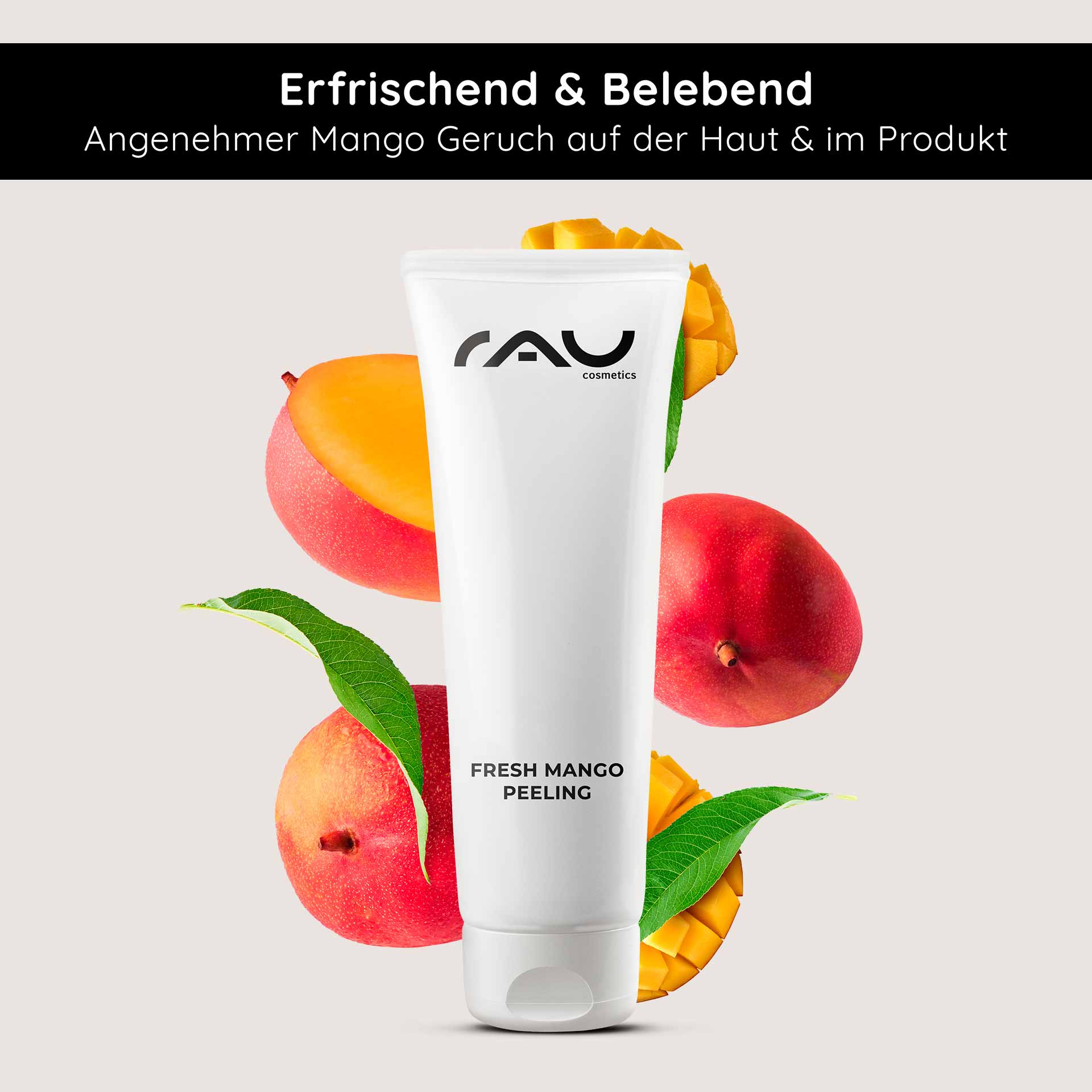 Fresh Mango Peeling 75 ml Enzymepeeling mit Mangoduft für feine Poren  Tube RAU Cosmetics Fresh Mango Peeling, umgeben von Mangos und Blättern, mit erfrischendem Mangoduft und hervorgehobenen Vorteilen für die Haut.