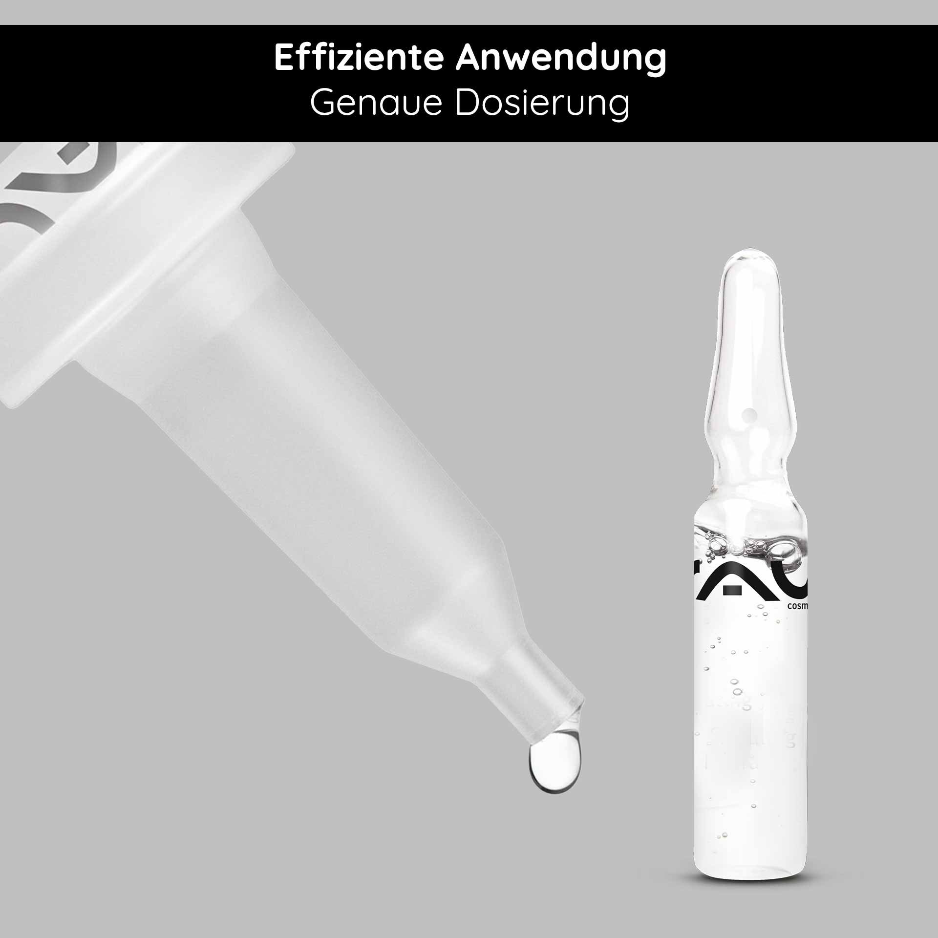 Ampullenöffner und Ampullenapplikator von RAU Cosmetics, präzise Dosierung, Tropfen aus Ampulle, effiziente Anwendung, kosmetische Hautpflege.