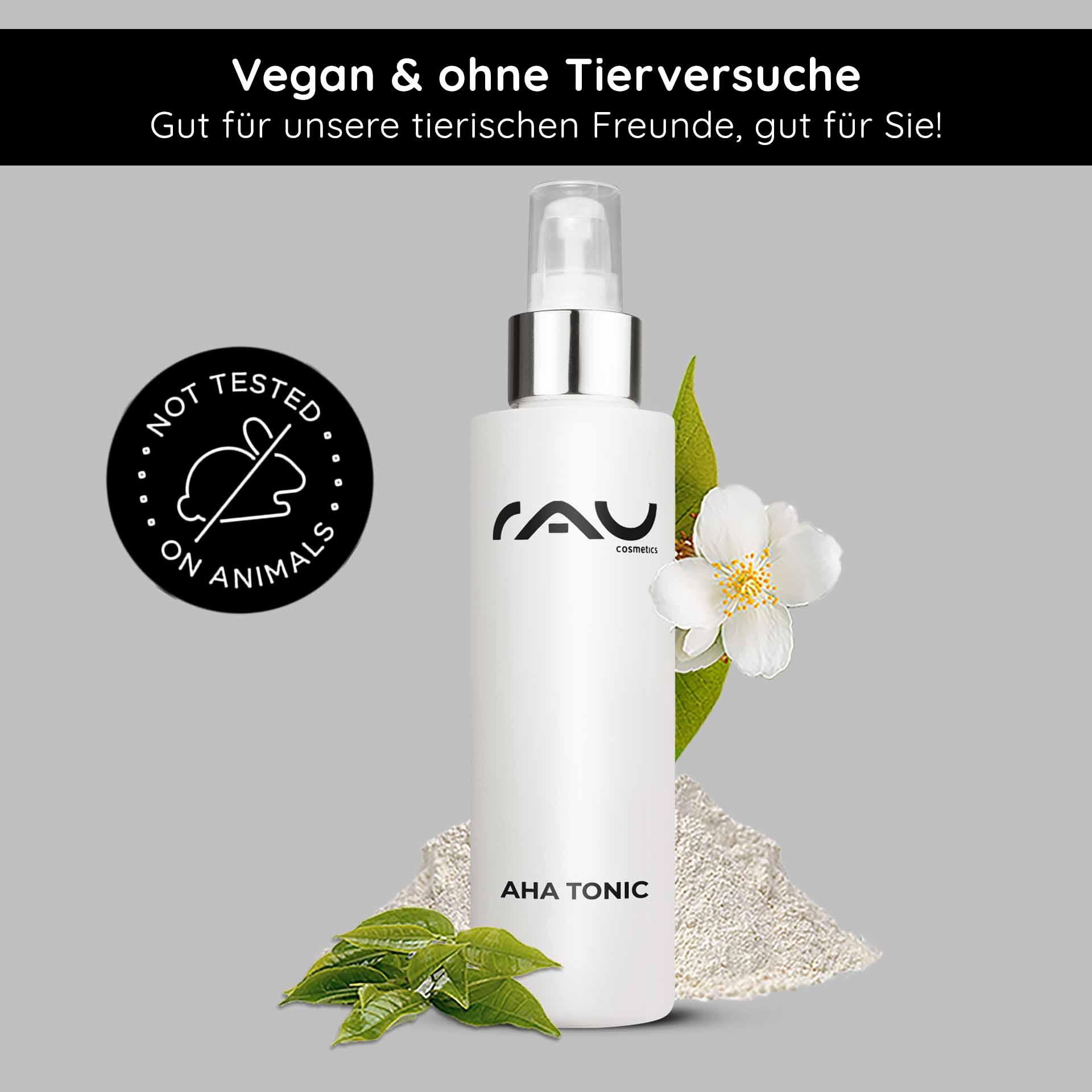 AHA Tonic 200 ml - Toner mit Anti Aging Effekt RAU AHA Tonic, 200-ml-Flasche mit floralen Akzenten, die vegane und tierversuchsfreie Eigenschaften hervorheben, geeignet zur Hautverjüngung und -verfeinerung.