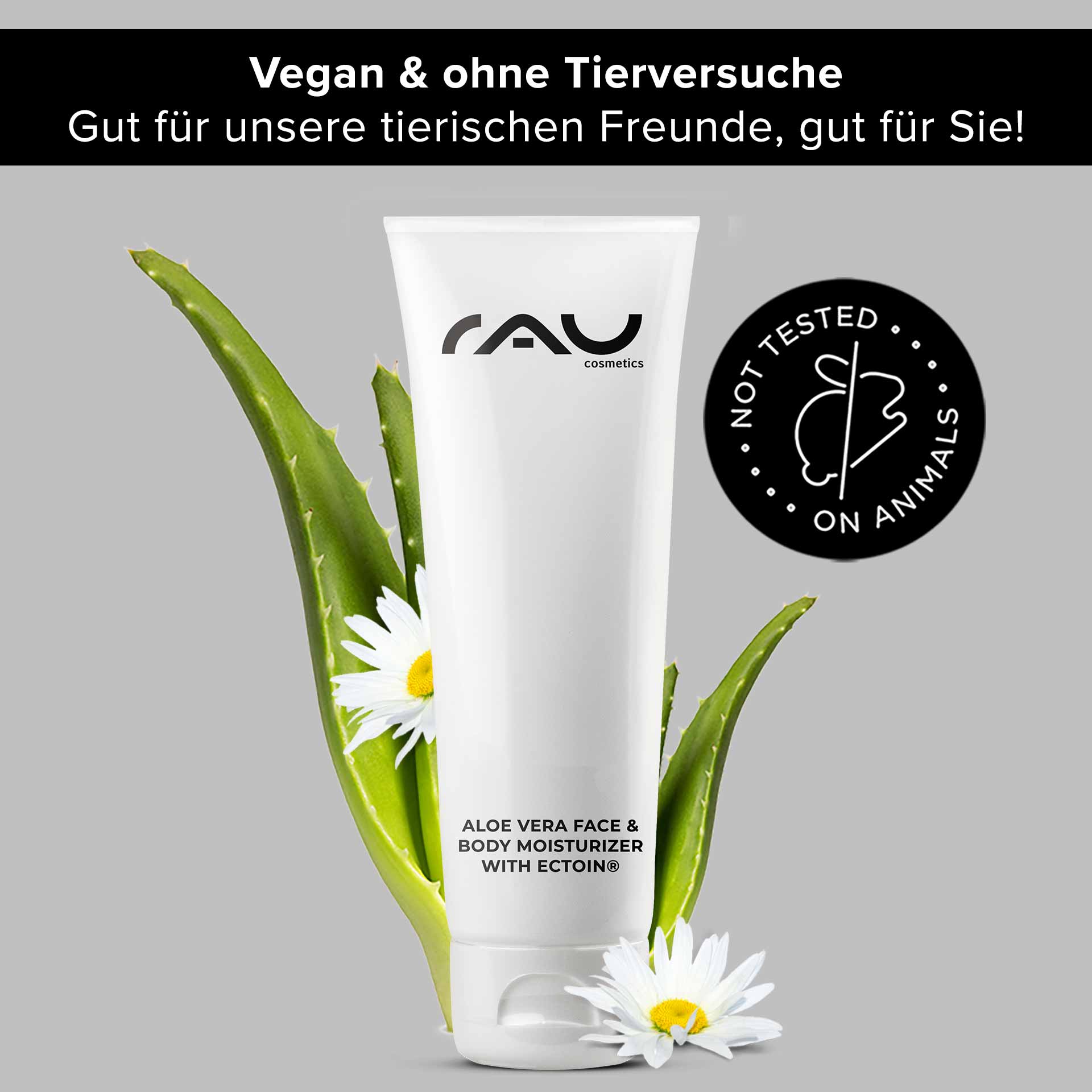 Aloe Vera Face & Body Moisturizer with Ectoin® 75 ml RAU Cosmetics Aloe Vera Face Moisturizer Gel – 75 ml Tube mit beruhigendem Aloe Vera und Ectoin® für sanfte Feuchtigkeitspflege bei empfindlicher Haut.