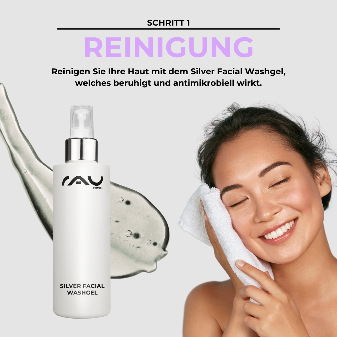 Profi Pflegeroutine für Neurodermitis Frau mit strahlendem Lächeln reinigt ihr Gesicht mit RAU Silver Facial Washgel, um neurodermitische Haut zu beruhigen und zu reinigen.