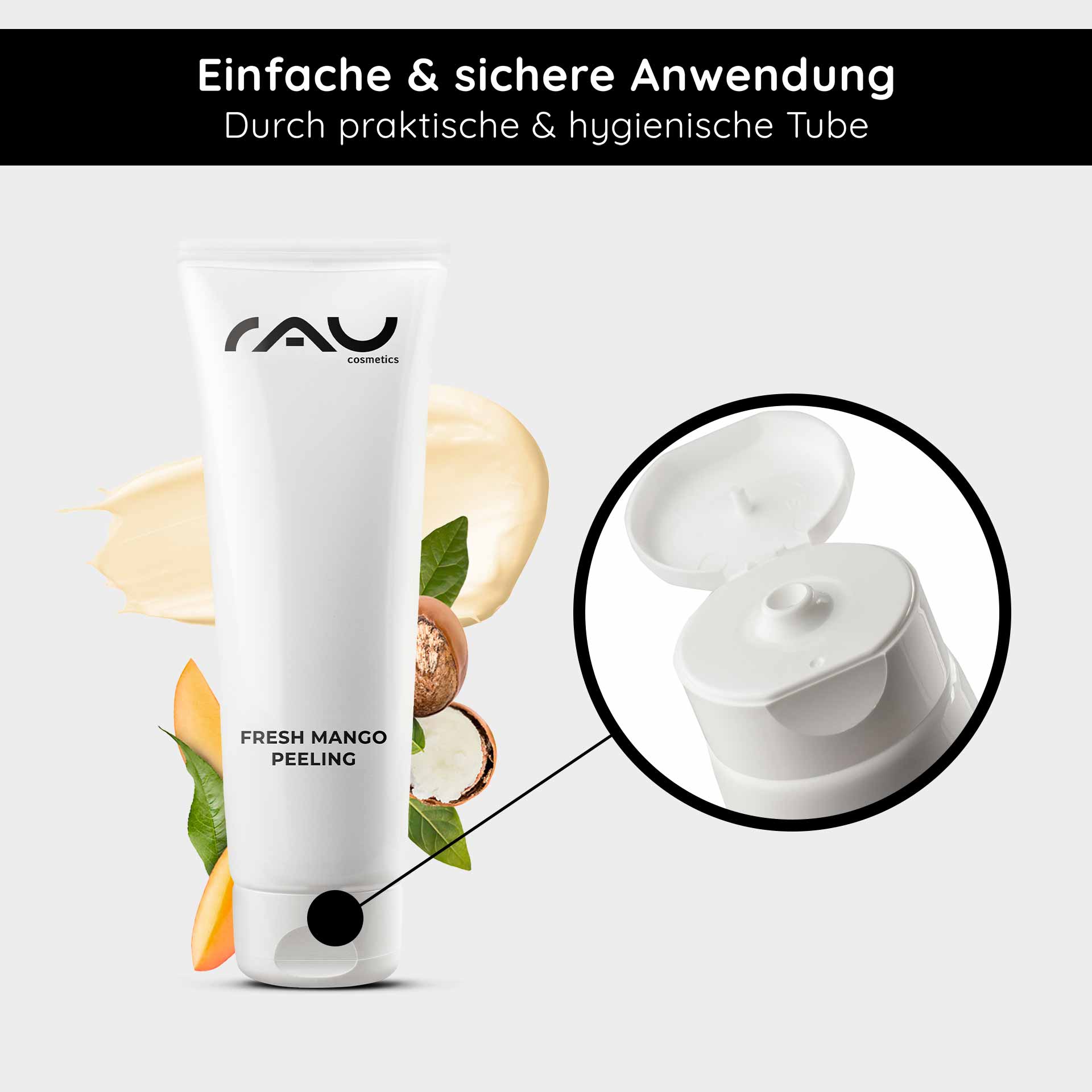 Fresh Mango Peeling 75 ml Enzymepeeling mit Mangoduft für feine Poren  RAU Cosmetics Fresh Mango Peeling in der Tube mit Mango- und Sheabutter-Elementen, die eine einfache und hygienische Anwendung hervorheben.