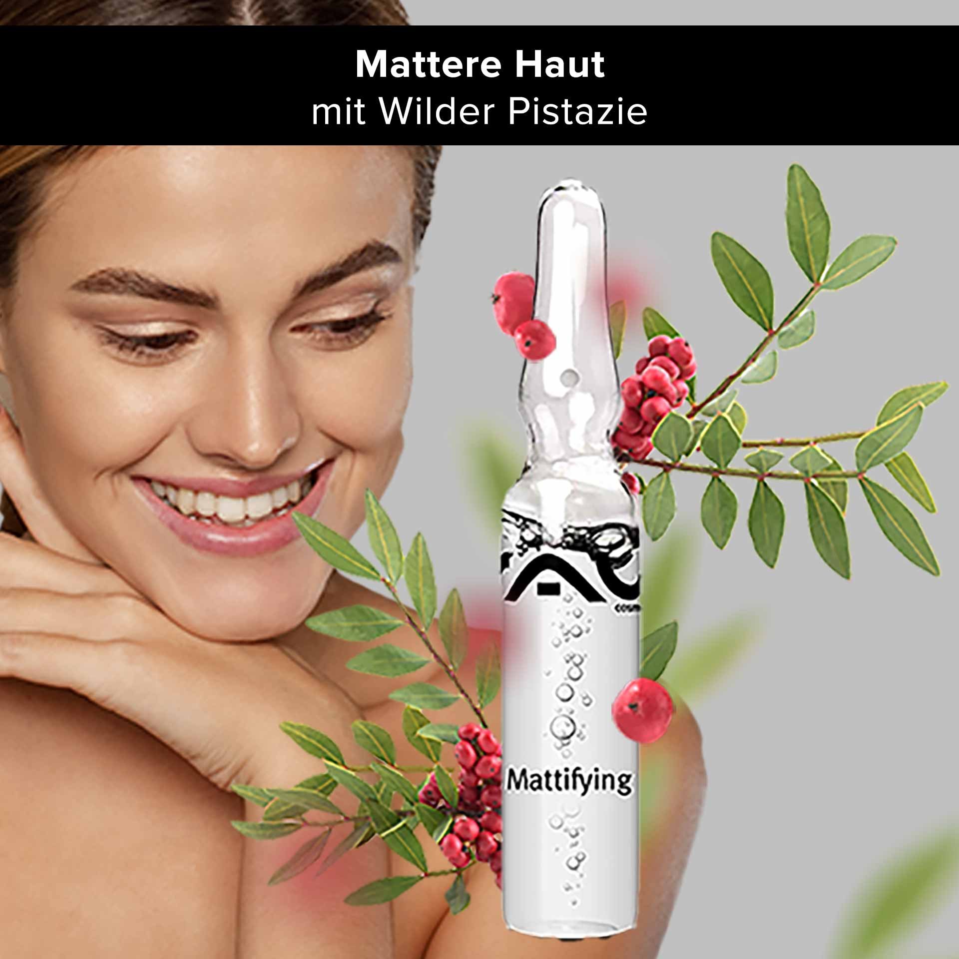 Mattifying serum ampoule by RAU Cosmetics with wild pistachio, smiling woman, skincare benefits, botanical elements.