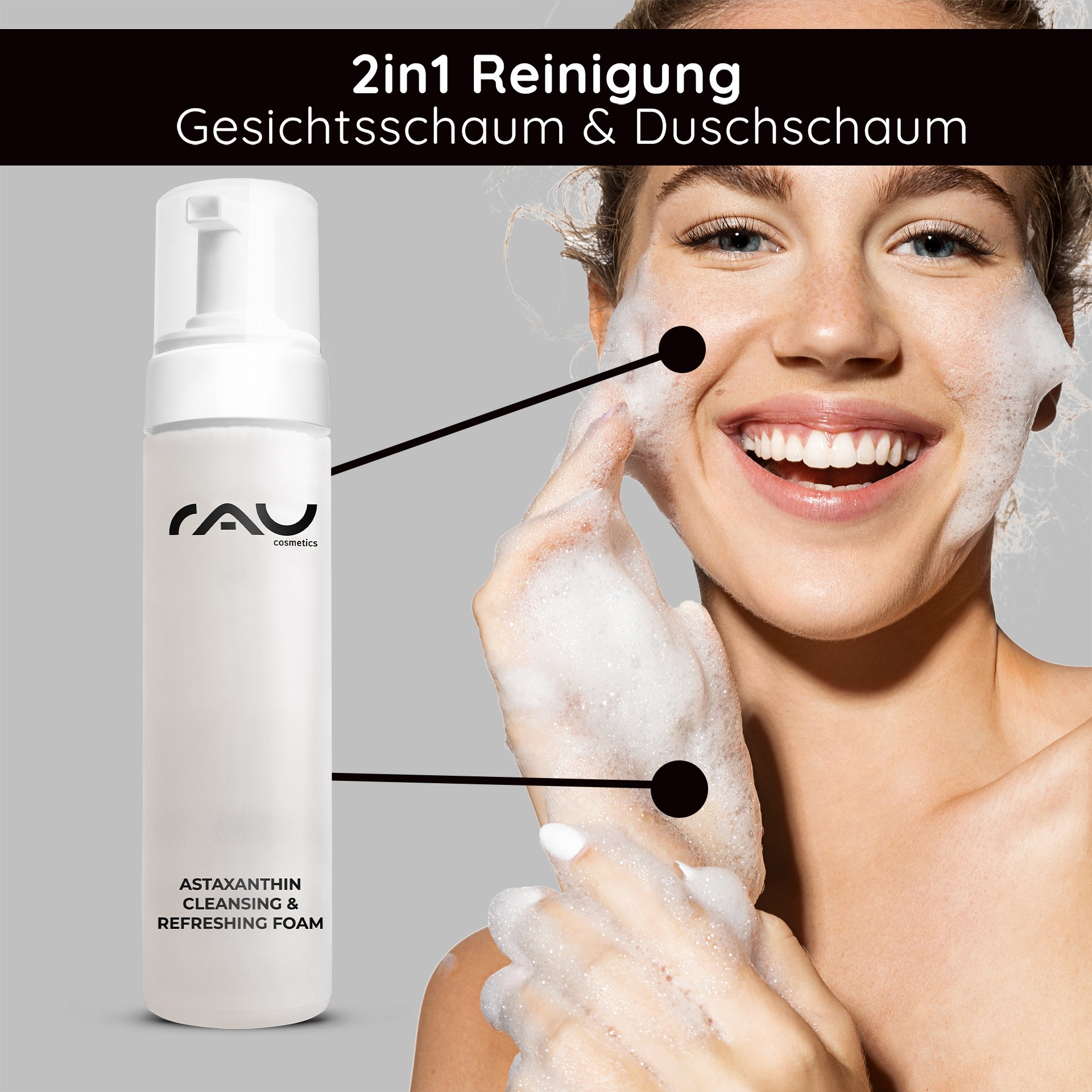 Anwendung des RAU Astaxanthin Cleansing Foam auf dem Gesicht mit cremigem Schaum