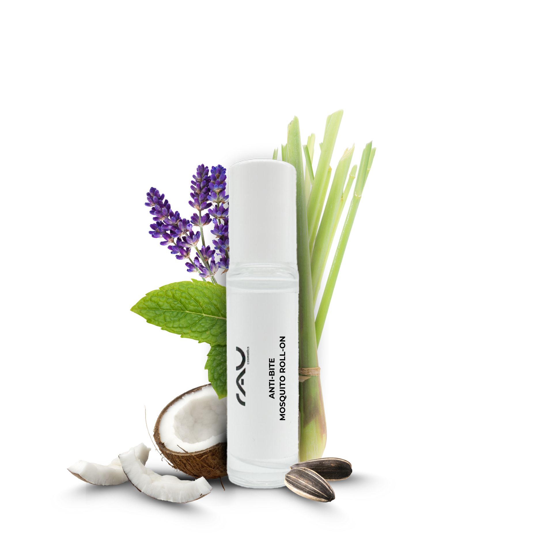 Anti Bite Mosquito Roll-On 10 ml - Naturally against mosquito bites & Co. RAU Cosmetics Anti Bite Mosquito Roll-On 10 ml mit natΓΌrlichen Inhaltsstoffen wie Zitronengras, Lavendel und Minze, umgeben von Kokosnuss- und Sonnenblumenkernen, zur Linderung von Insektenstichen und zur Hautpflege.