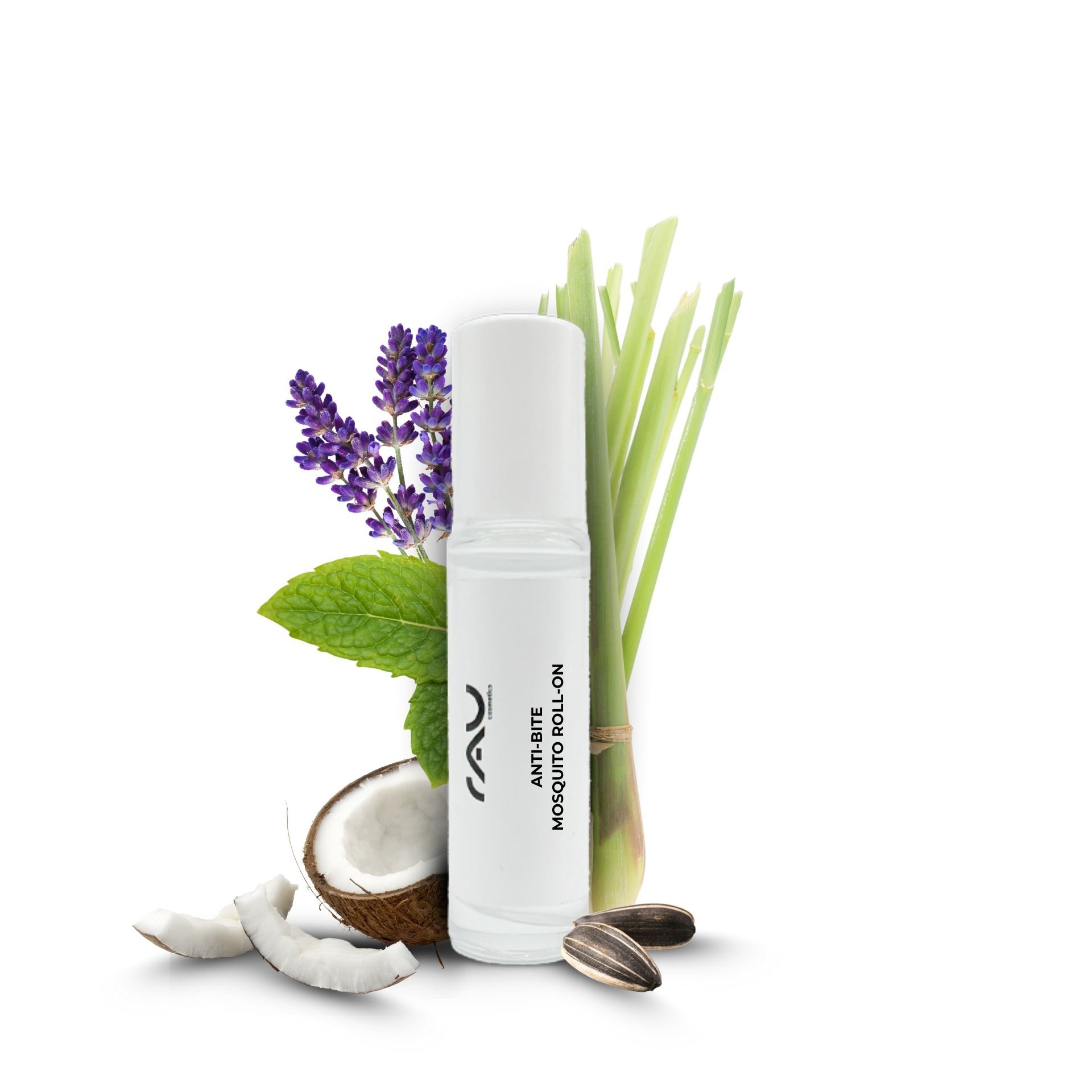 RAU Cosmetics Anti Bite Mosquito Roll-On 10 ml mit natürlichen Inhaltsstoffen wie Zitronengras, Lavendel und Minze, umgeben von Kokosnuss- und Sonnenblumenkernen, zur Linderung von Insektenstichen und zur Hautpflege.
