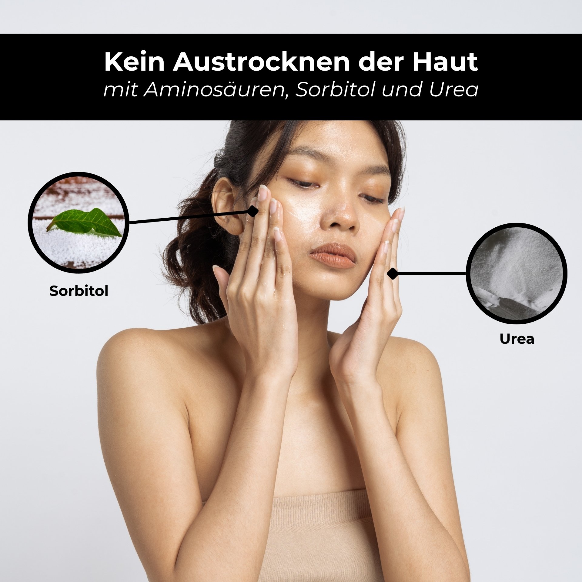 Nahaufnahme einer Frau mit gereinigter, mattierter Haut nach der Anwendung des Tonics.