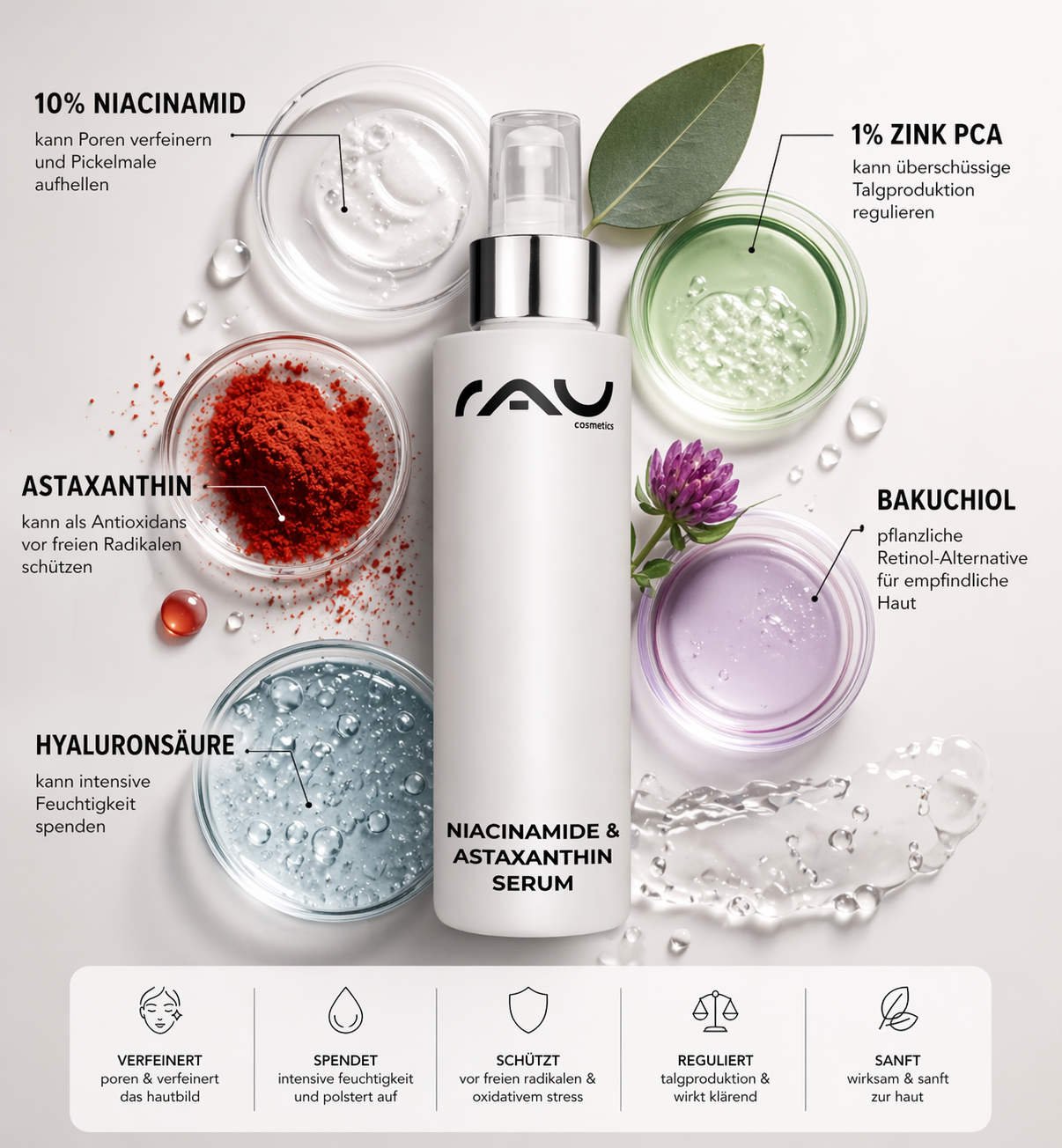Wirkstoff-Power: Niacinamide, Astaxanthin und Hyaluronsäure für einen strahlenden Teint.