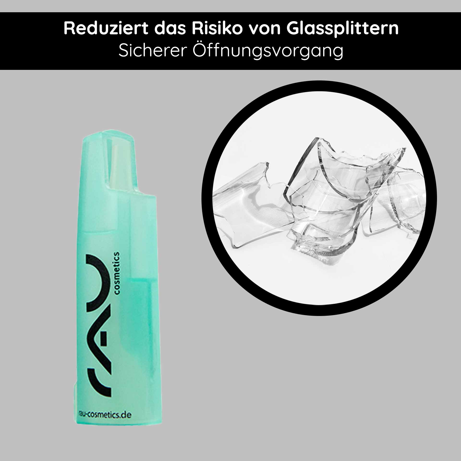 Ampullenöffner & Ampullenapplikator Set Ampullenöffner von RAU Cosmetics zur sicheren Öffnung von Gesichtsampullen, mit Hinweis auf vermindertes Risiko von Glassplittern.
