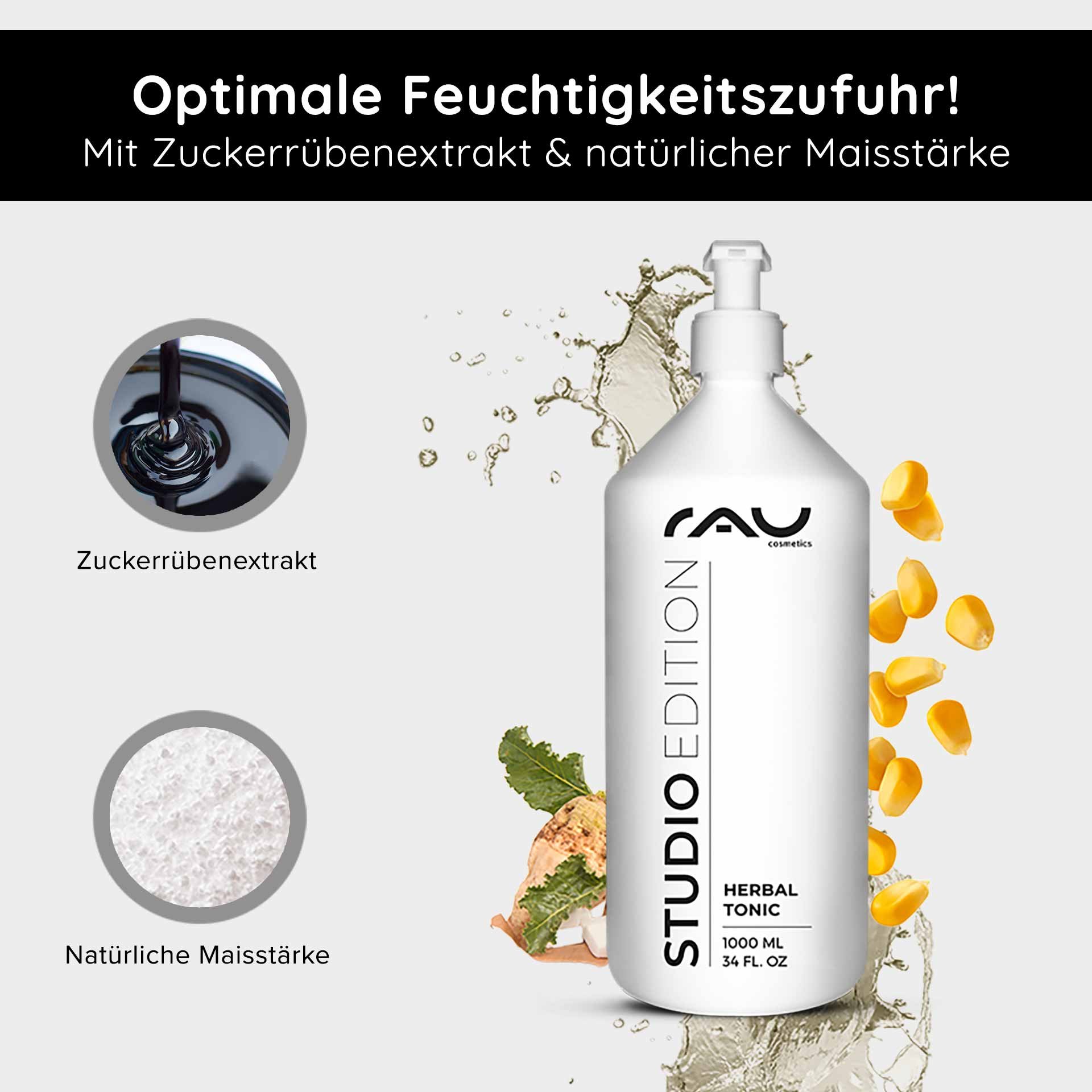 RAU Cosmetics Herbal Tonic Flasche mit Inhaltsstoffen wie Zuckerrübenextrakt und natürlicher Maisstärke, die auf eine optimale Feuchtigkeitsversorgung für die Hautpflege Wert legen.