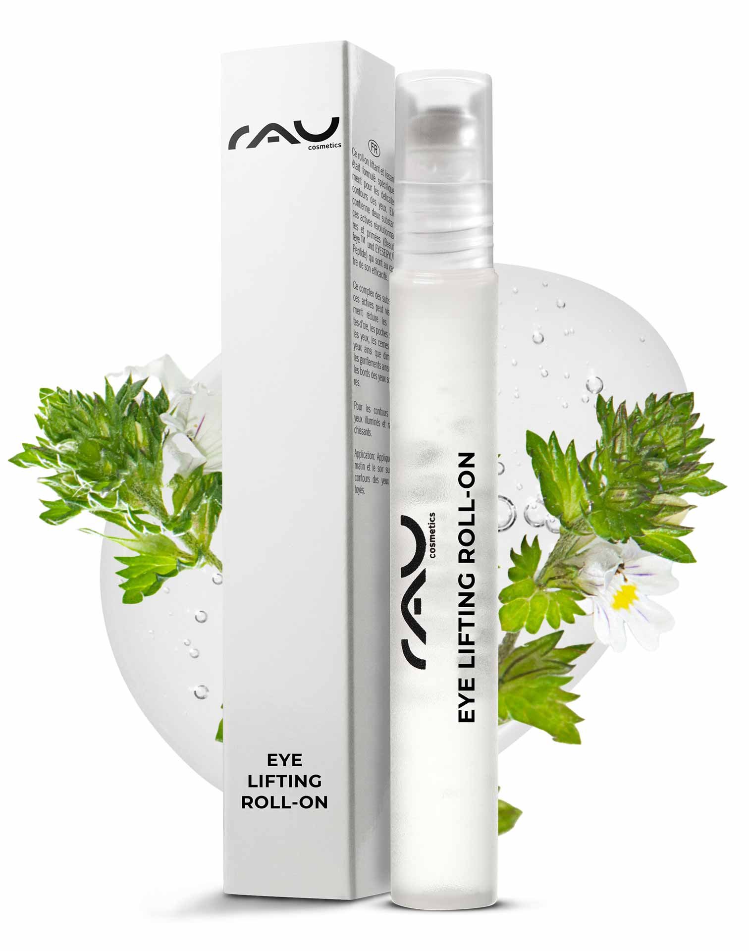 RAU Eye Lifting Roll-On-Verpackung mit Produktetikett, mit elegantem Design und pflanzlichen Elementen, die die Anti-Aging-Vorteile für die Augenpartie hervorheben.