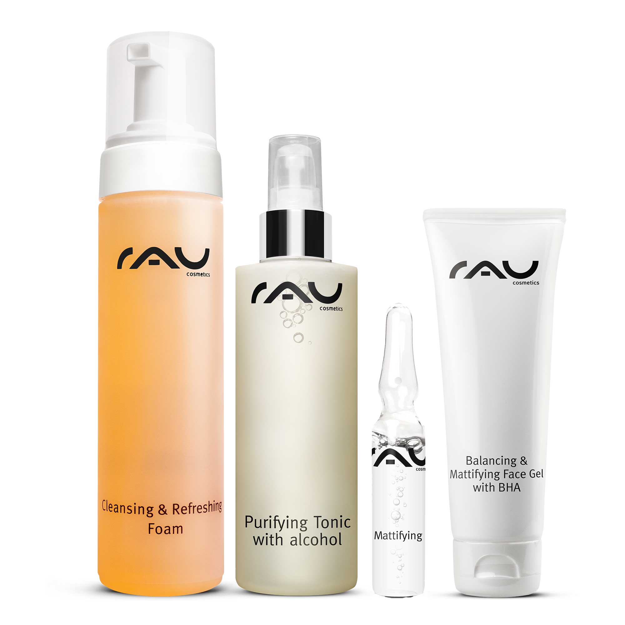 RAU Cosmetics Basisroutine Fettige Haut Pflege Set Hautpflege Gesichtspflege Onlineshop Kosmetik Wirkstoffkosmetik Gesichtsreinigung
