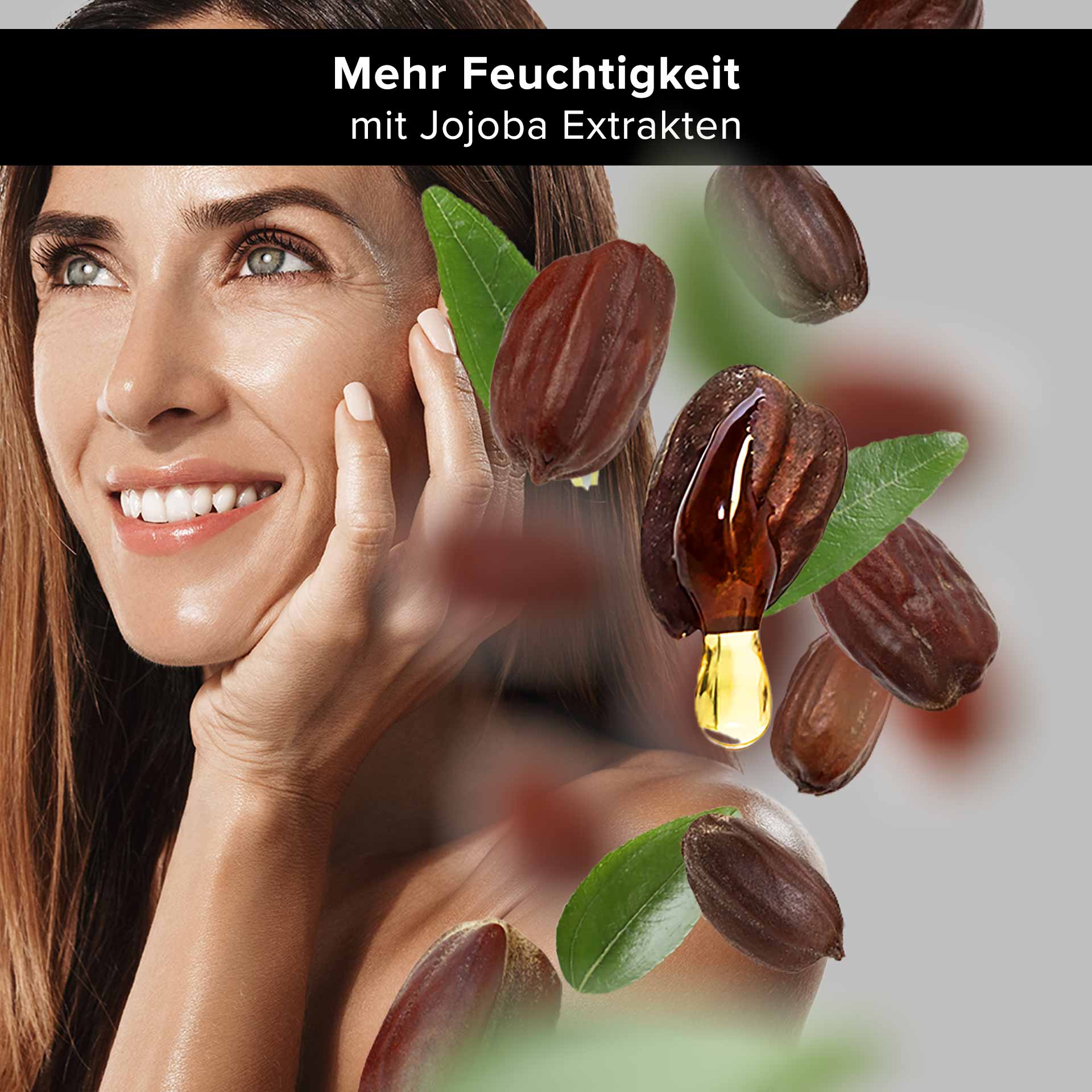 White Tea Eye Cooling Gel 15 ml Anti-Aging Eye Care Frau mit strahlendem Lächeln, die Jojoba-Extrakte anwendet, um Feuchtigkeit zu spenden, umgeben von Jojobasamen und -blättern.