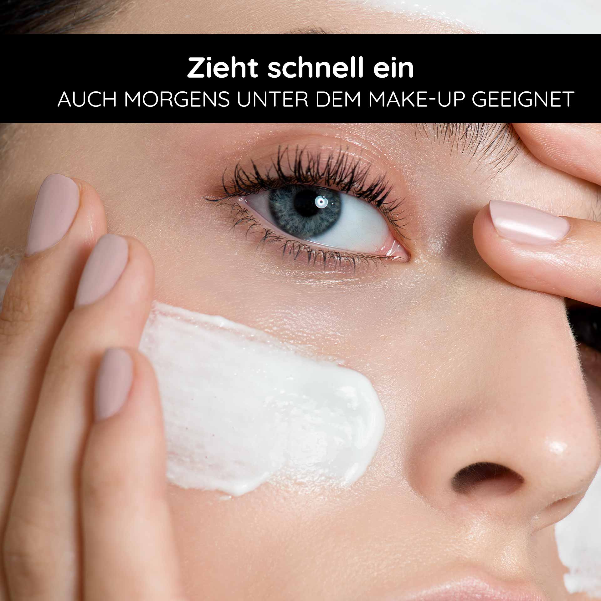 Power set for impure skin, oily skin, inflammation, pimples, itching. Frau mit zarter Haut, die eine Gesichtscreme aufträgt, geeignet für die Anwendung unter Make-up, betont schnelle Absorption und Hautpflegeeffekte.