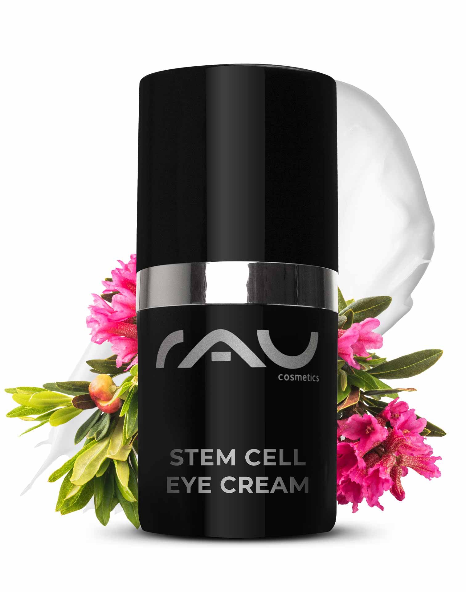 RAU Stem Cell Eye Cream in eleganter schwarzer Verpackung mit silbernen Akzenten, umgeben von rosa Blumen, die die Anti-Aging-Vorteile für die empfindliche Haut um die Augen betonen.
