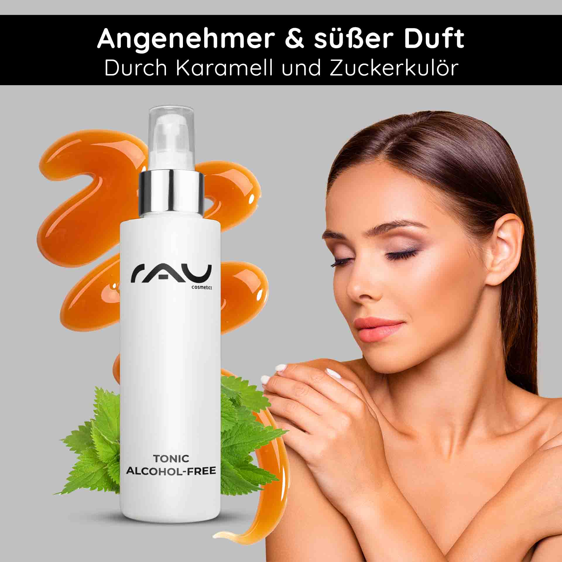 Tonic Alcohol-Free 200 ml: Erfrischend mit Brennnessel RAU Cosmetics Tonic alkoholfreie Flasche mit Karamell und Zuckersirup, Frau mit glatter Haut, frische Minzblätter, betont sanfte und effektive Hautpflege für empfindliche Haut.
