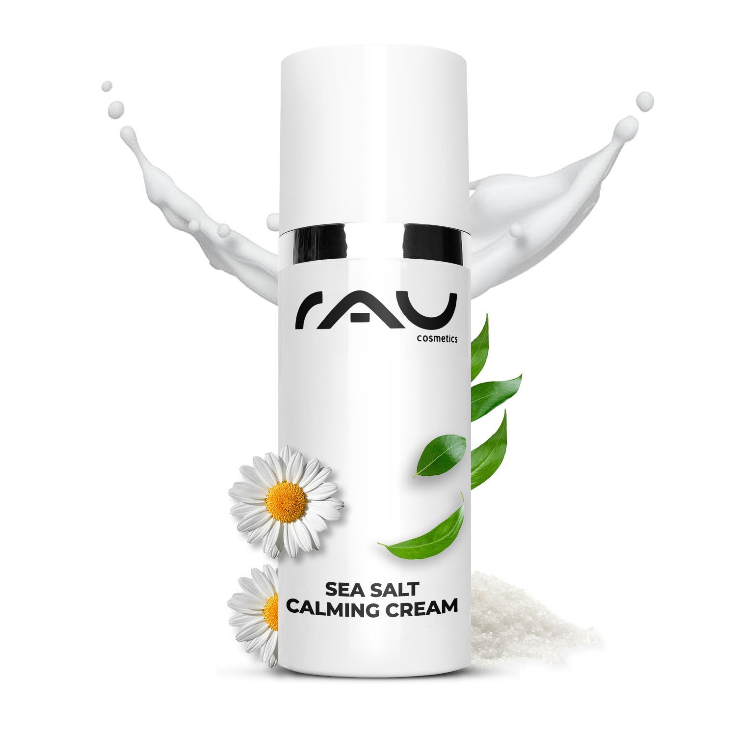 Flasche der RAU Sea Salt Calming Cream mit Kamillenblüten, Meersalz und grünen Blättern, die die beruhigenden und feuchtigkeitsspendenden Eigenschaften für empfindliche Haut betont.