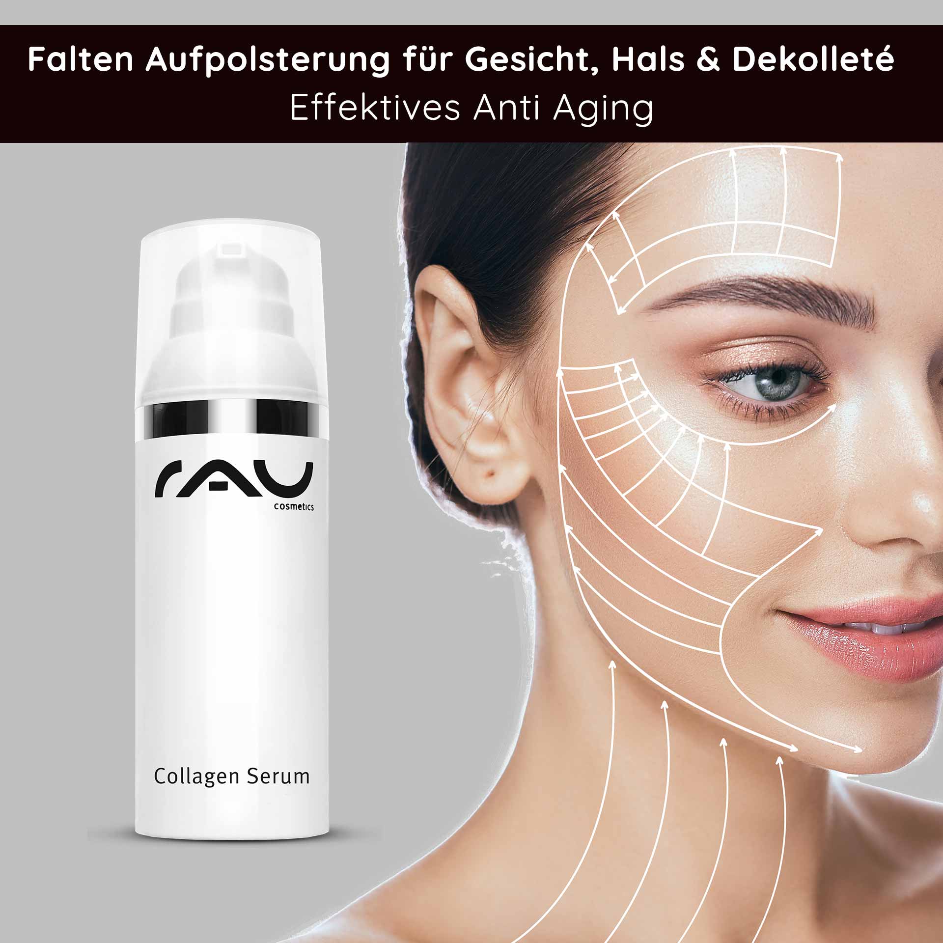 Collagen Serum 50 ml Anti-Aging Kur mit Trylagen Collagen Serum von RAU Cosmetics mit Faltenaufpolsterung für Gesicht, Hals und Dekolleté, Anti-Aging Wirkung, Anwendungshinweise und Hautpflegegrafik.