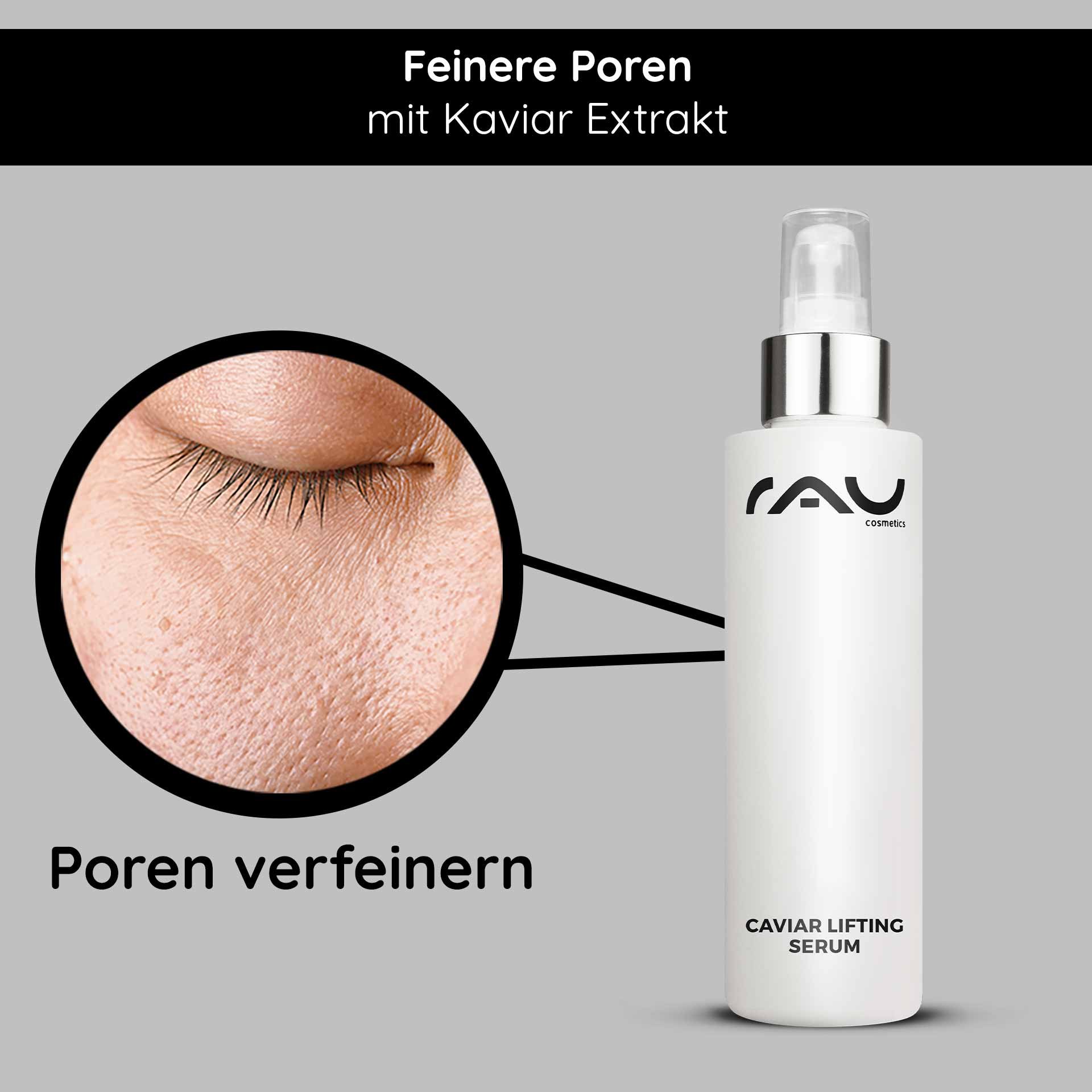 Caviar Lifting Serum von RAU Cosmetics mit Fokus auf feine Poren und Kaviarextrakt, mit Schwerpunkt auf Anti-Aging-Vorteilen.