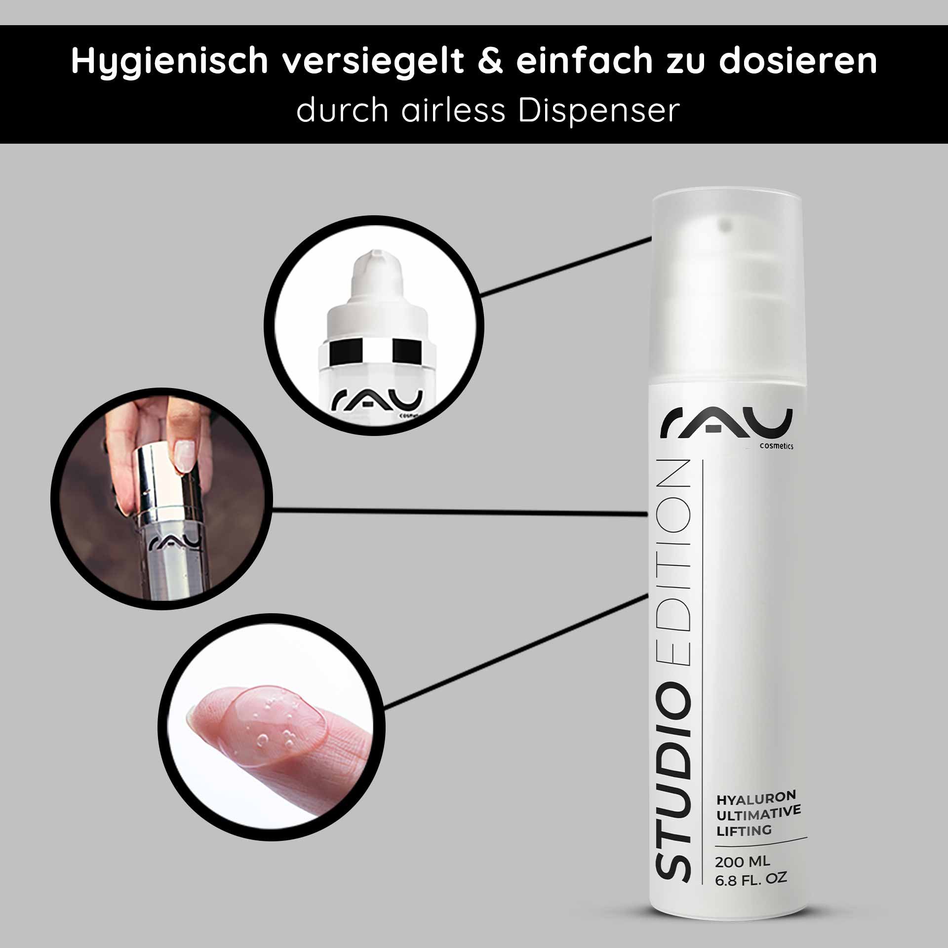RAU Cosmetics Hyaluron Ultimative Lifting Gel im Airless-Spender mit hygienischer Verpackung, Anwendung mit der Fingerspitze und Produktdetails, die die Anti-Aging-Vorteile hervorheben.